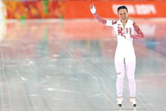 SOCHI, RUSSIA - FEBRUARY 09:  Olga Graf of Russia jubilates during the Women's 3000m Speed Skating event during day 2 of the Sochi 2014 Winter Olympics at Adler Arena Skating Center on February 9, 2014 in Sochi, Russia.  (Photo by Streeter Lecka/Getty Ima