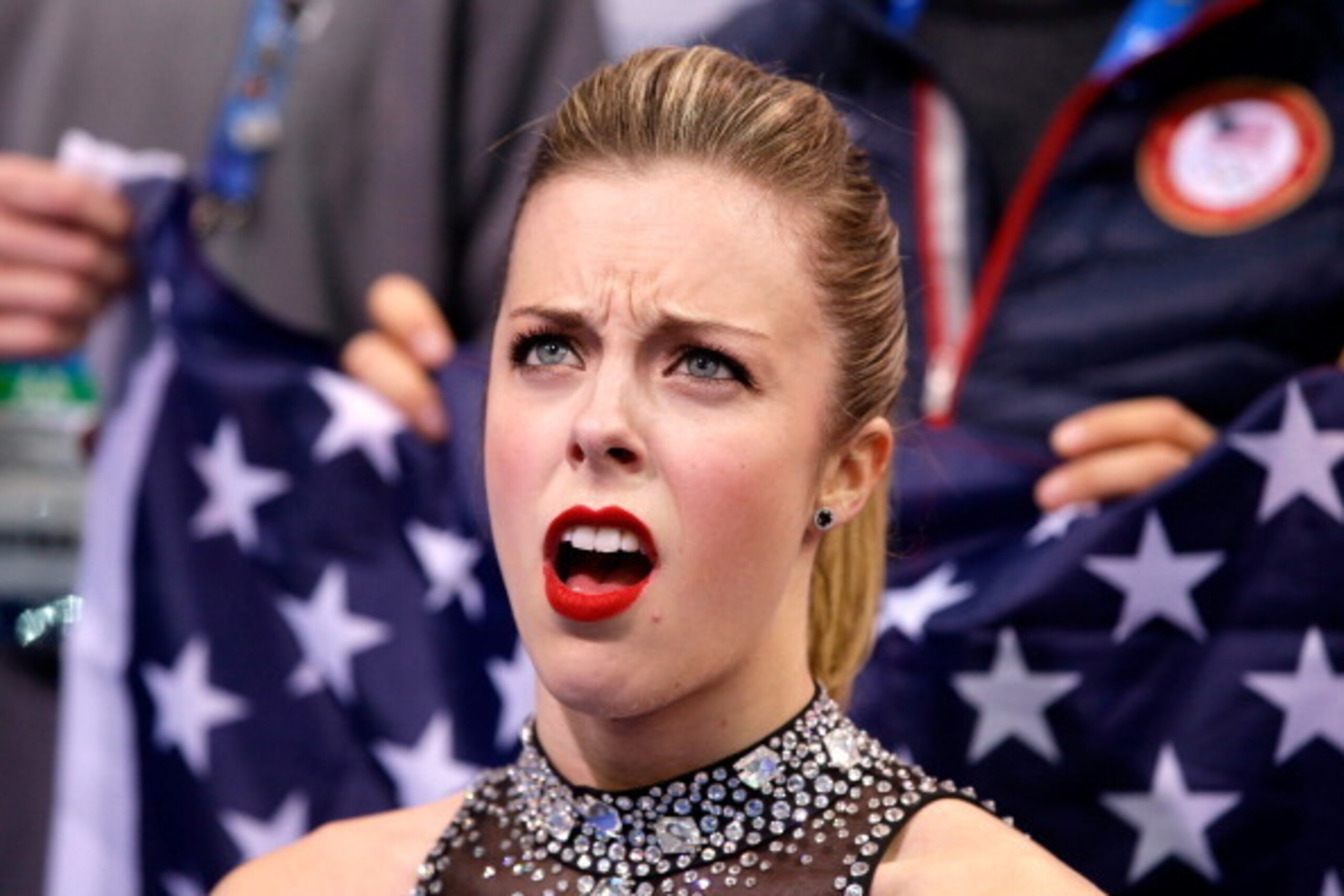 SOCHI, RUSSIA - FEBRUARY 08:  Ashley Wagner of the United States reacts to her score after competing in the Figure Skating Team Ladies Short Program during day one of the Sochi 2014 Winter Olympics at Iceberg Skating Palace on February 8, 2014 in Sochi, R