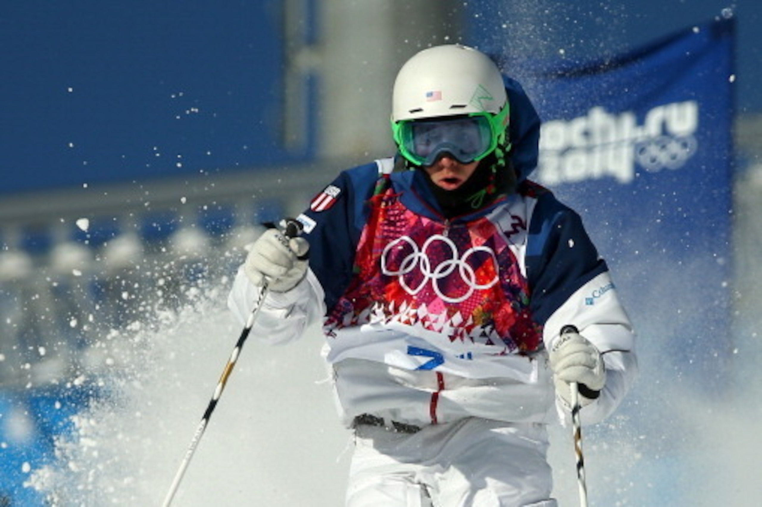 SOCHI, RUSSIA - FEBRUARY 07:  Patrick Deneen of the United States practices during the Men's and Ladies Moguls official training session ahead of the the Sochi 2014 Winter Olympics at Rosa Khutor Extreme Park on February 7, 2014 in Sochi, Russia.  (Photo 