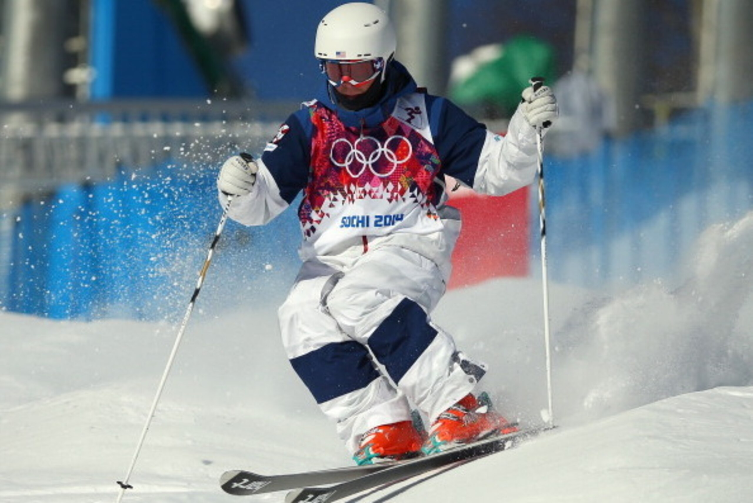 SOCHI, RUSSIA - FEBRUARY 07: Bradley Wilson of the United States practices during the Men's and Ladies Moguls official training session ahead of the the Sochi 2014 Winter Olympics at Rosa Khutor Extreme Park on February 7, 2014 in Sochi, Russia.  (Photo b