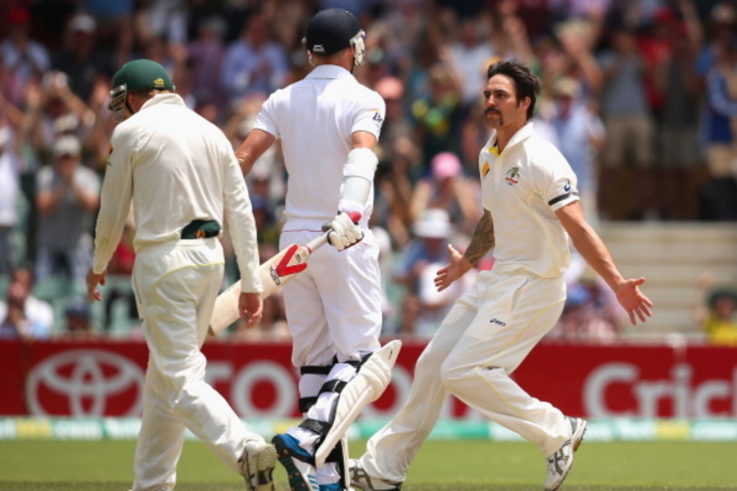 ADELAIDE, AUSTRALIA - DECEMBER 07:  Mitchell Johnson of Australia celebrates after taking the wicket of James Anderson of England during day three of the Second Ashes Test match between Australia and England at Adelaide Oval on December 7, 2013 in Adelaid
