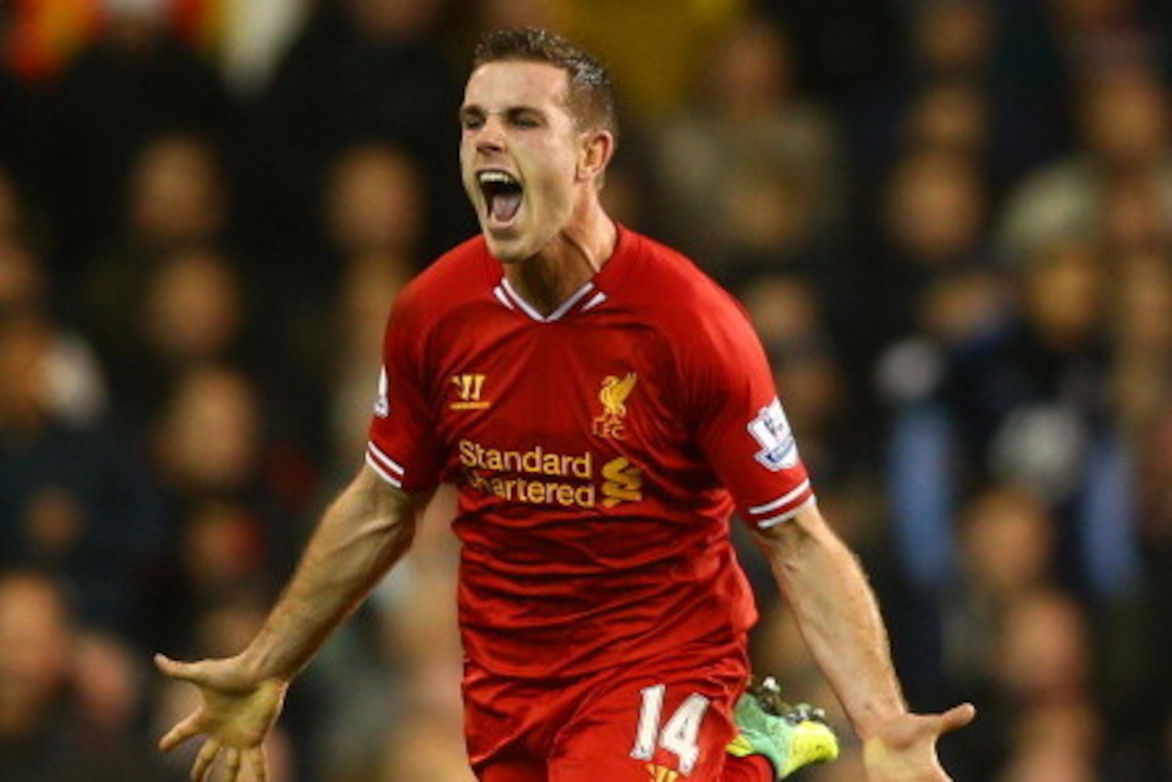 LONDON, ENGLAND - DECEMBER 15:  Jordan Henderson of Liverpool celebrates scoring their second goal during the Barclays Premier League match between Tottenham Hotspur and Liverpool at White Hart Lane on December 15, 2013 in London, England.  (Photo by Paul