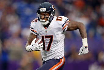Dec 1, 2013; Minneapolis, MN, USA; Chicago Bears wide receiver Alshon Jeffery (17) catches a pass against the Minnesota Vikings for an 80 yard touchdown catch in the third quarter at Mall of America Field at H.H.H. Metrodome. Vikings win 23-20 in overtime