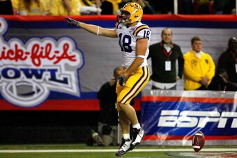 ATLANTA - DECEMBER 31:  Tight end Richard Dickson #5 of the LSU Tigers reacts after scoring a touchdown against the Georgia Tech Yellow Jackets during the Chick-fil-A Bowl on December 31, 2008 at the Georgia Dome in Atlanta, Georgia.  (Photo by Kevin C. C