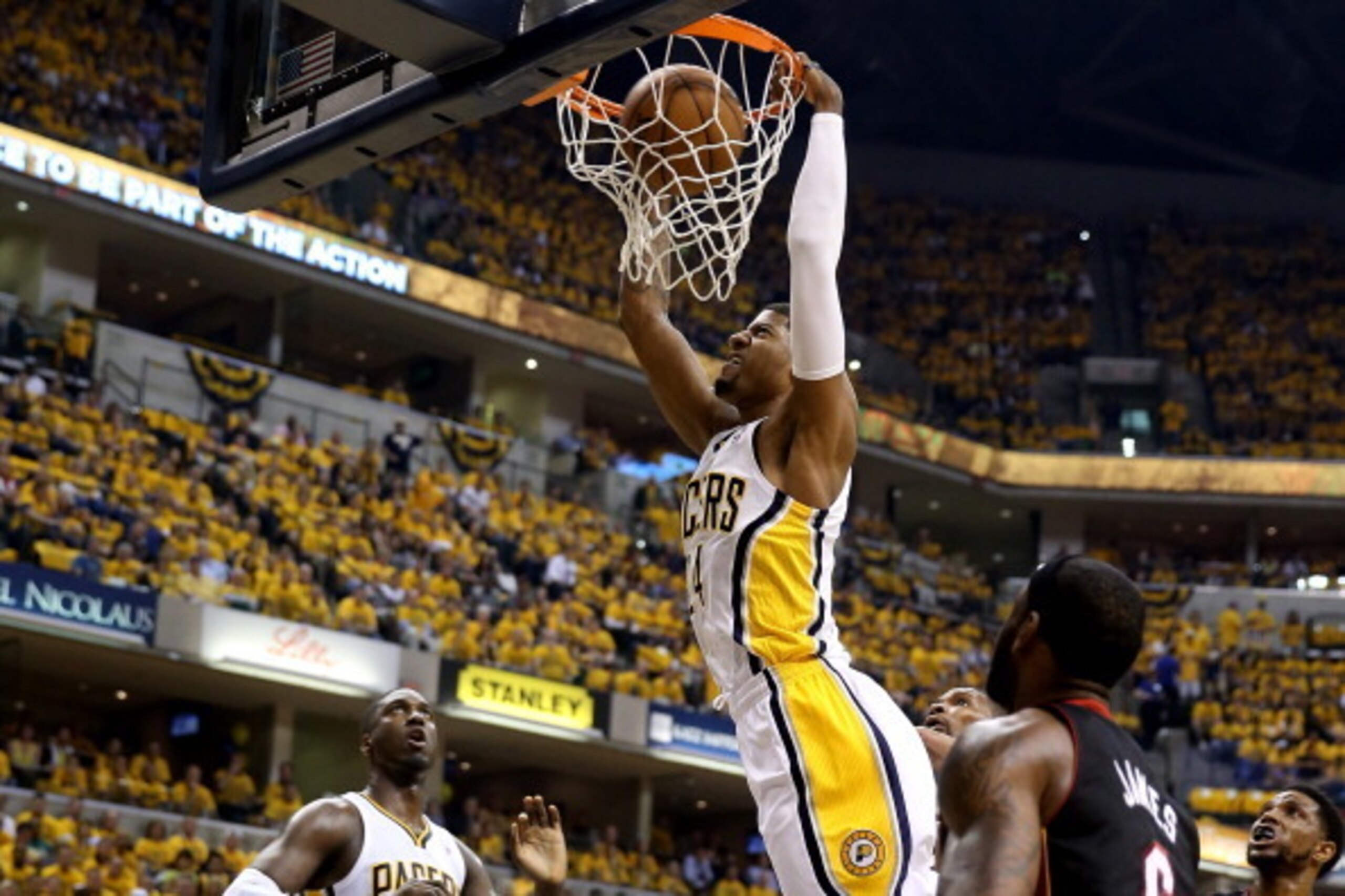INDIANAPOLIS, IN - MAY 28:  Paul George #24 of the Indiana Pacers dunks in the first quarter against the Miami Heat during Game Four of the Eastern Conference Finals of the 2013 NBA Playoffs at Bankers Life Fieldhouse on May 28, 2013 in Indianapolis, Indi