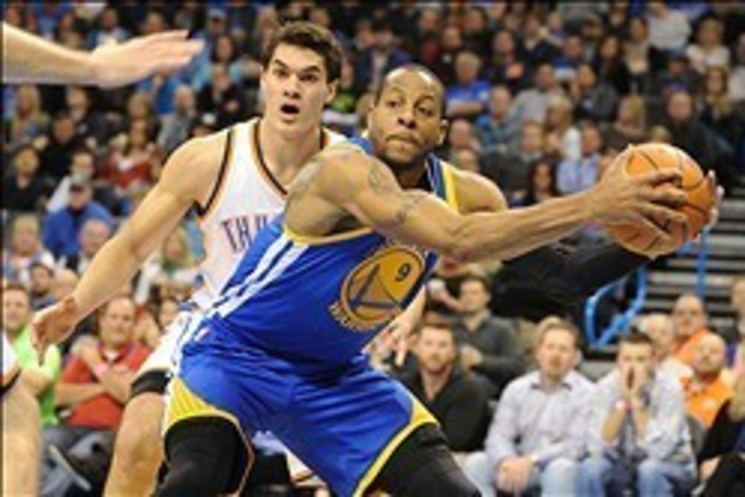 Jan 17, 2014; Oklahoma City, OK, USA; Golden State Warriors small forward Andre Iguodala (9) handles the ball against Oklahoma City Thunder center Steven Adams (12) during the second quarter at Chesapeake Energy Arena. Mandatory Credit: Mark D. Smith-USA 