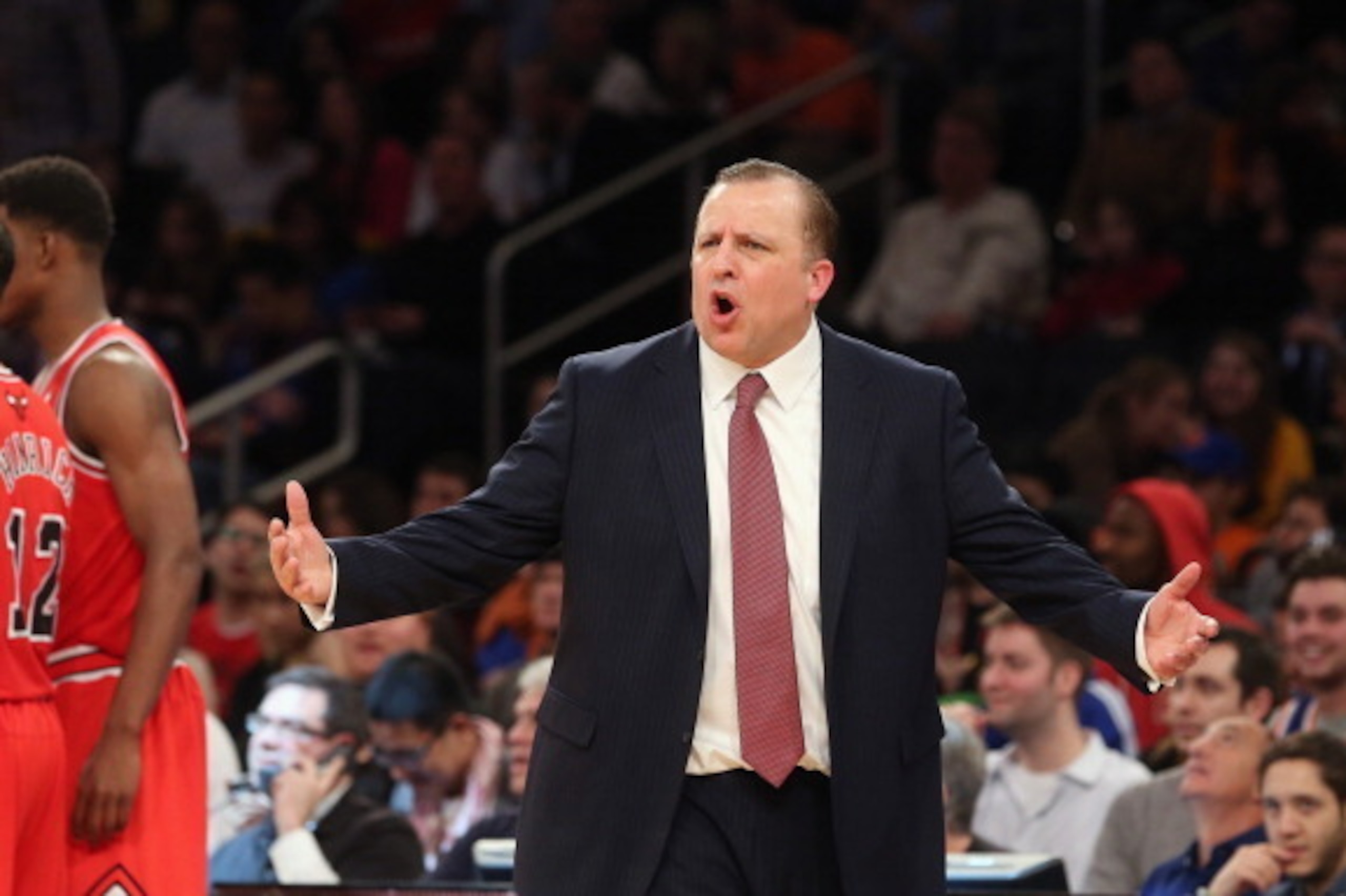 NEW YORK, NY - DECEMBER 21:  Head coach Tom Thibodeau of the Chicago Bulls argues a call during the first quarter against the New York Knicks  at Madison Square Garden on December 21, 2012 in New York City. NOTE TO USER: User expressly acknowledges and ag