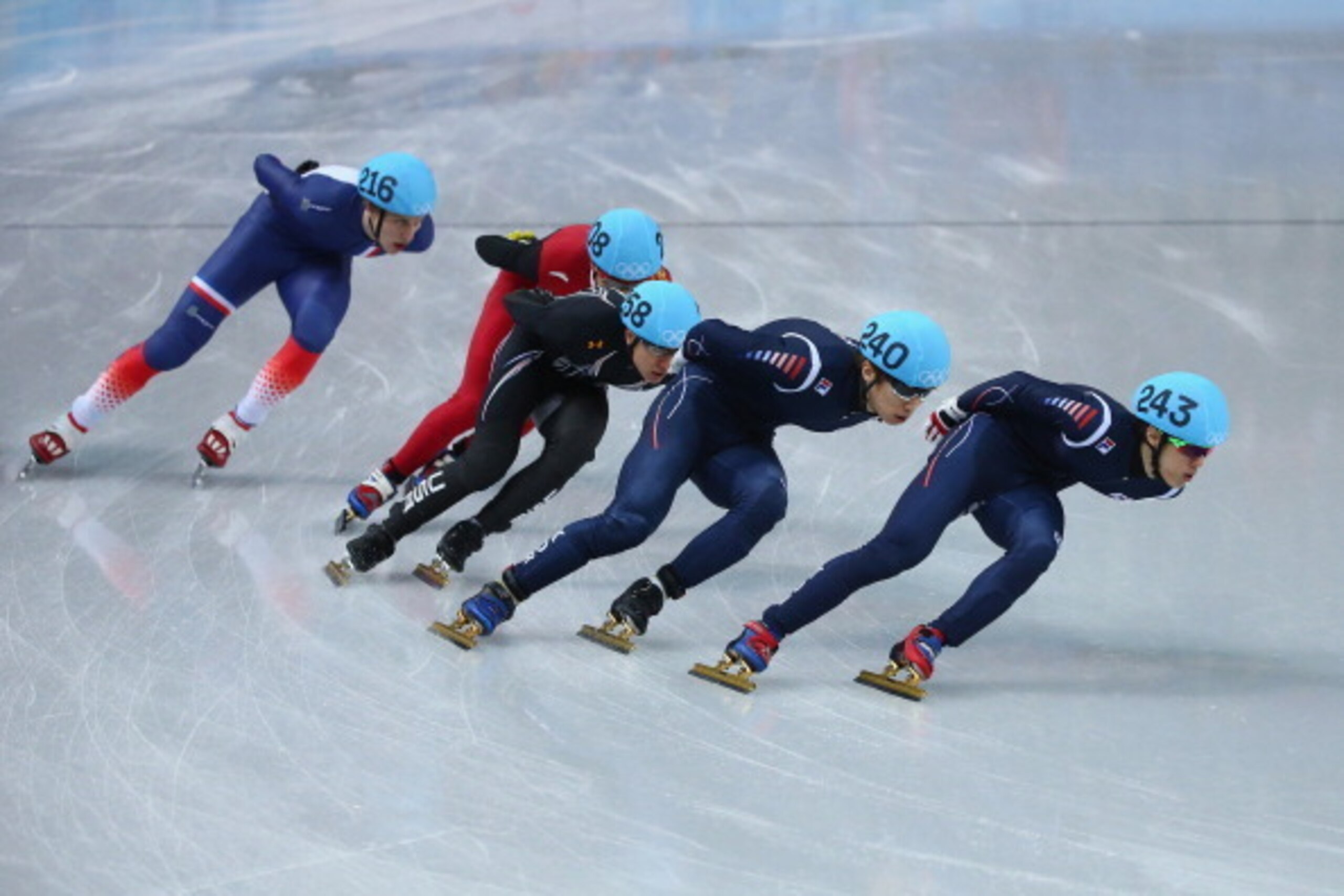 SOCHI, RUSSIA - FEBRUARY 10: (L to R) Sebastien Lepape of France, Dequan Chen of China, J.R. Celski of the United States, Han-Bin Lee of South Korea and Da Woon Sin of South Korea compete in Short Track Speed Skating Men's 1500m semifinal during day three