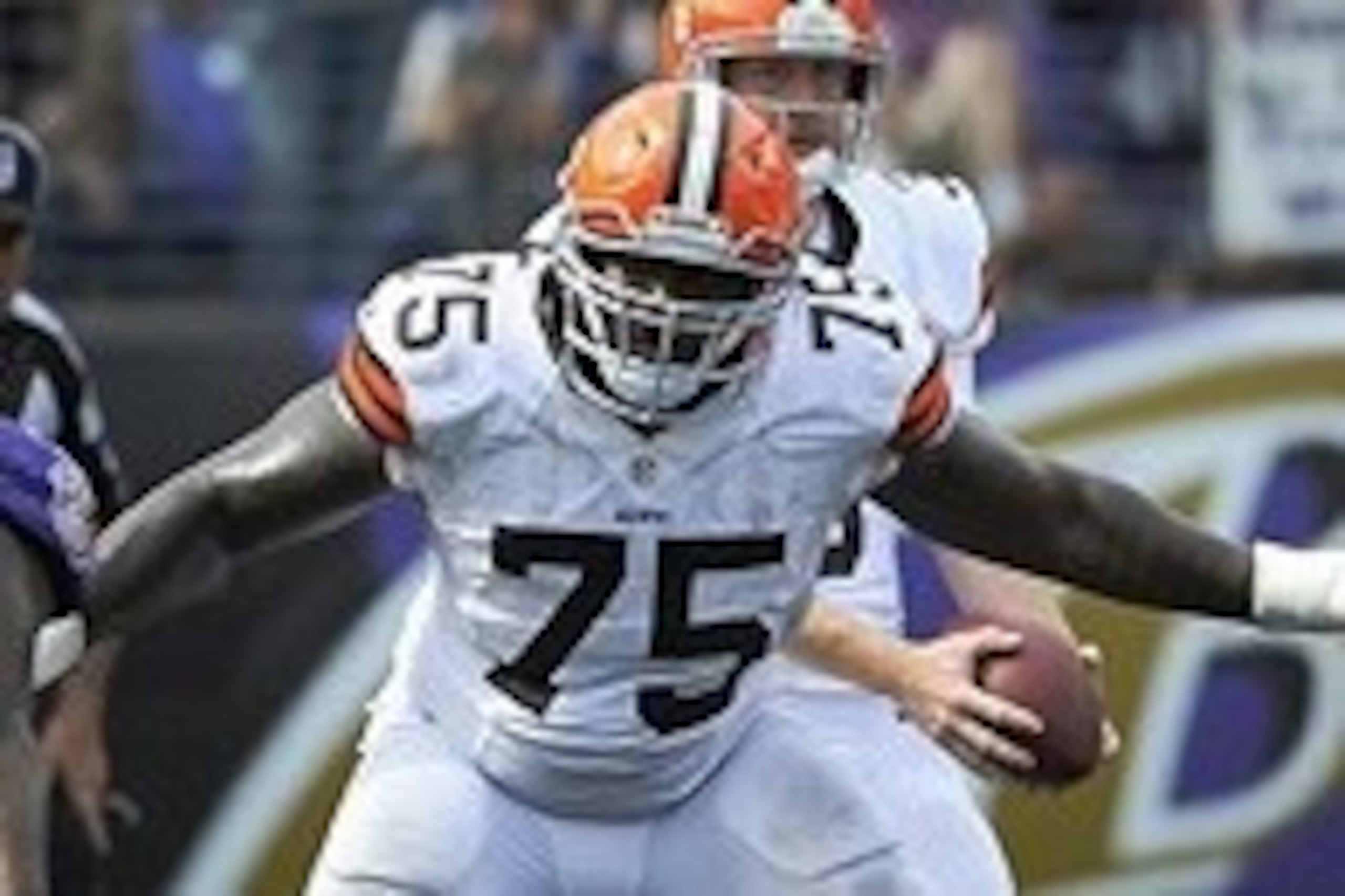 Sep 15, 2013; Baltimore, MD, USA; Cleveland Browns offensive lineman Oniel Cousins (75) prepares to block against the Baltimore Ravens during the second half at M&T Bank Stadium. The Ravens won 14 - 6. Mandatory Credit: Brad Mills-USA TODAY Sports
