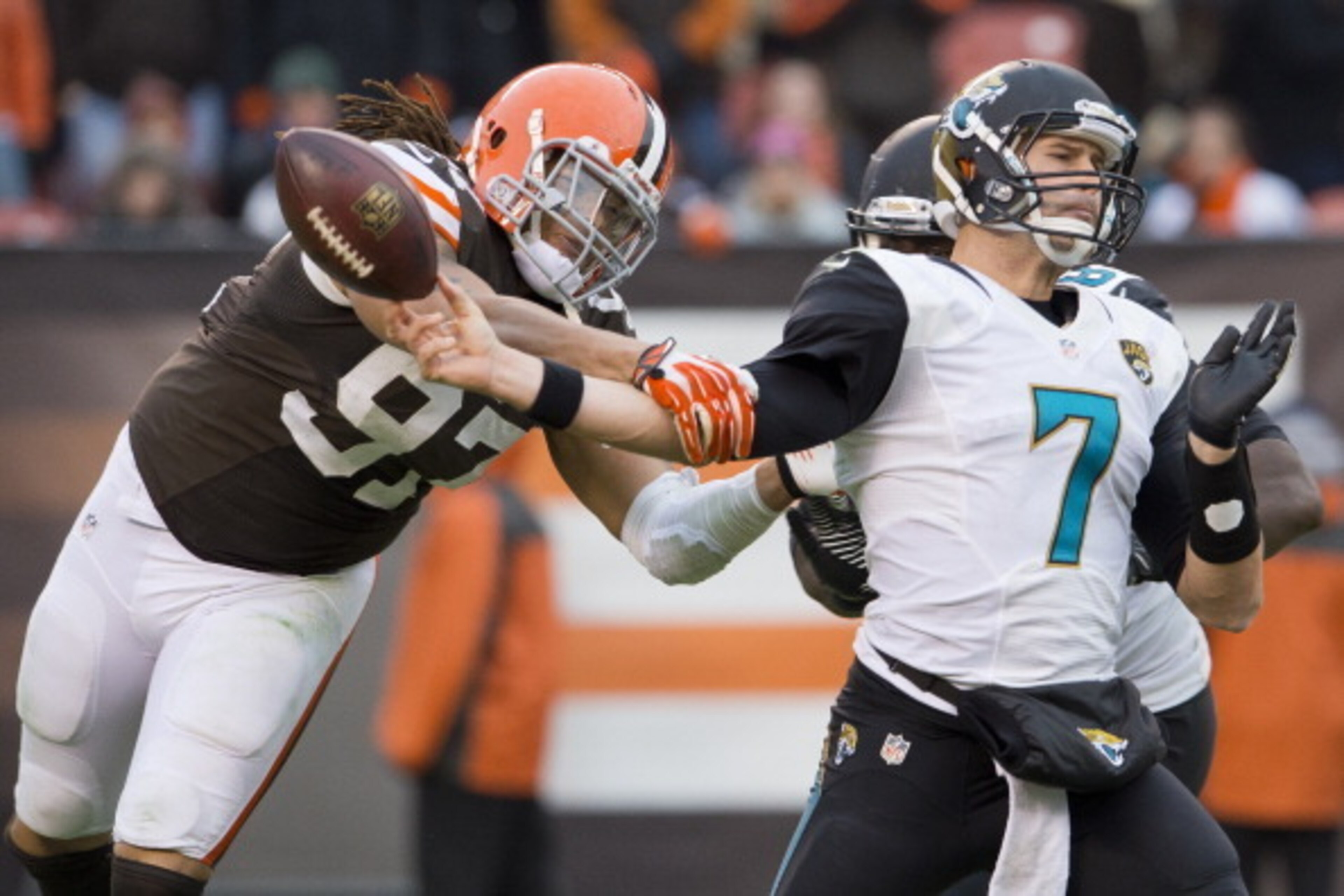 CLEVELAND, OH - DECEMBER 1: Outside linebacker Jabaal Sheard #97 of the Cleveland Browns blocks a pass by quarterback Chad Henne #7 of the Jacksonville Jaguars during the second half at FirstEnergy Stadium on December 1, 2013 in Cleveland, Ohio. The Jagua