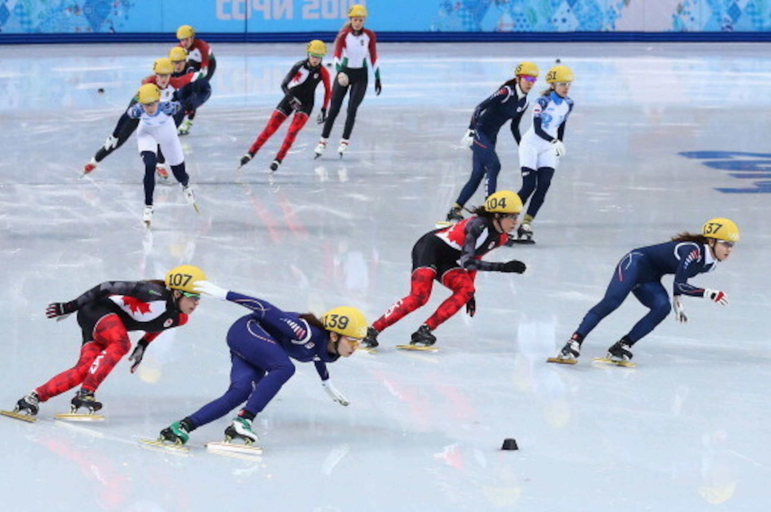 SOCHI, RUSSIA - FEBRUARY 10: Skaters compete in the Short Track Speed Skating Women's 3000m Relay Semifinal during day three of the Sochi 2014 Winter Olympics at Iceberg Skating Palace on February 10, 2014 in Sochi, Russia.  (Photo by Robert Cianflone/Get