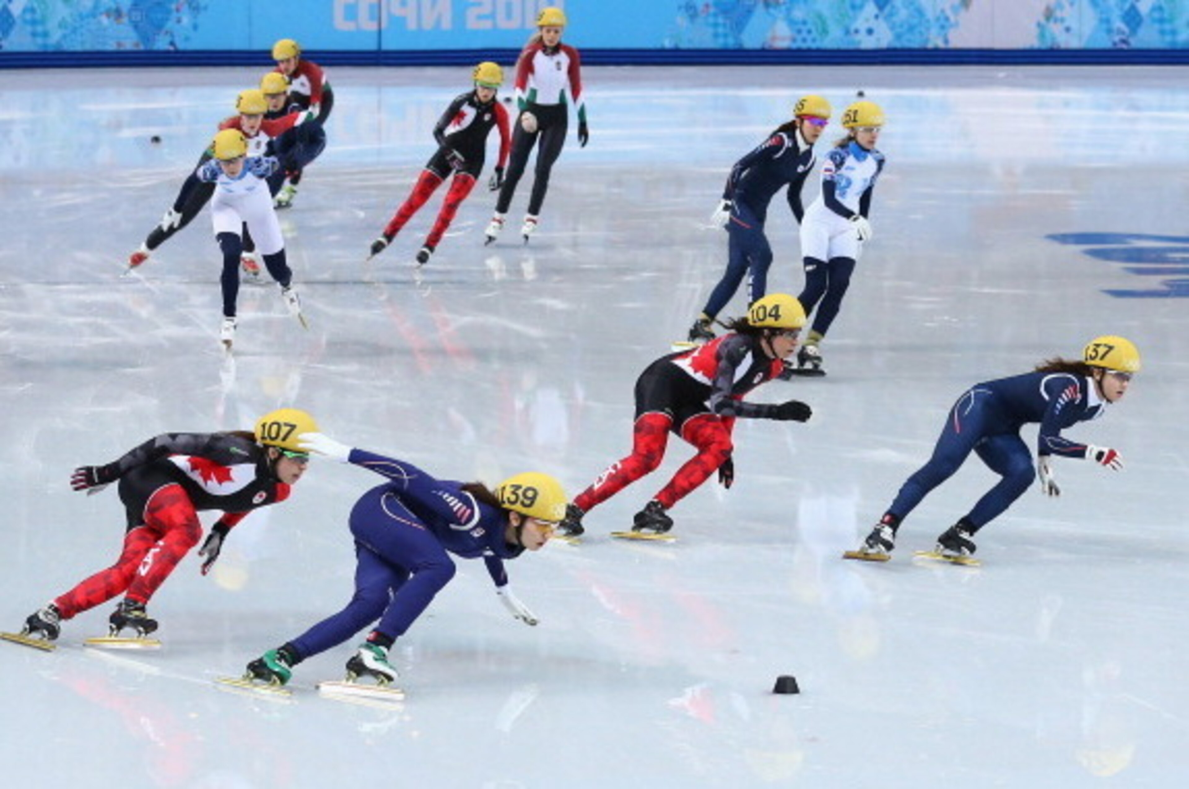 SOCHI, RUSSIA - FEBRUARY 10: Skaters compete in the Short Track Speed Skating Women's 3000m Relay Semifinal during day three of the Sochi 2014 Winter Olympics at Iceberg Skating Palace on February 10, 2014 in Sochi, Russia. (Photo by Robert Cianflone/Get SOCHI, RUSSIA - FEBRUARY 10: Skaters compete in the Short Track Speed Skating Women's 3000m Relay Semifinal during day three of the Sochi 2014 Winter Olympics at Iceberg Skating Palace on February 10, 2014 in Sochi, Russia. (Photo by Robert Cianflone/Get
