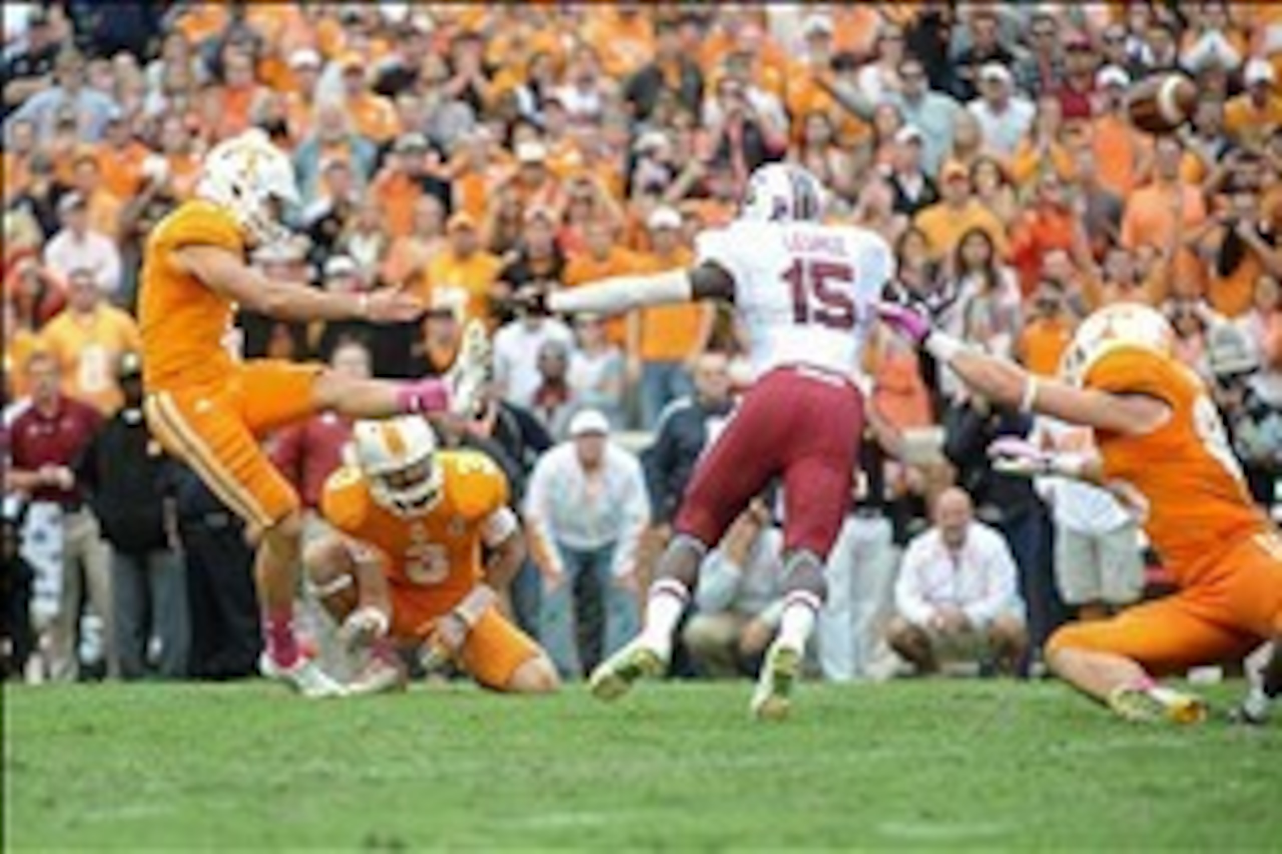Oct 19, 2013; Knoxville, TN, USA; Tennessee Volunteers kicker Michael Palardy (1) kicks a field goal with 3 seconds left to win the game against the South Carolina Gamecocks at Neyland Stadium. Tennessee won 23 to 21.  Mandatory Credit: Randy Sartin-USA T