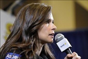 Jan 27, 2014; Charlotte, NC, USA; NASCAR Sprint Cup Series driver Danica Patrick (10) addresses the media during the Sprint Media Tour at the Charlotte Convention Center. Mandatory Credit: Sam Sharpe-USA TODAY Sports