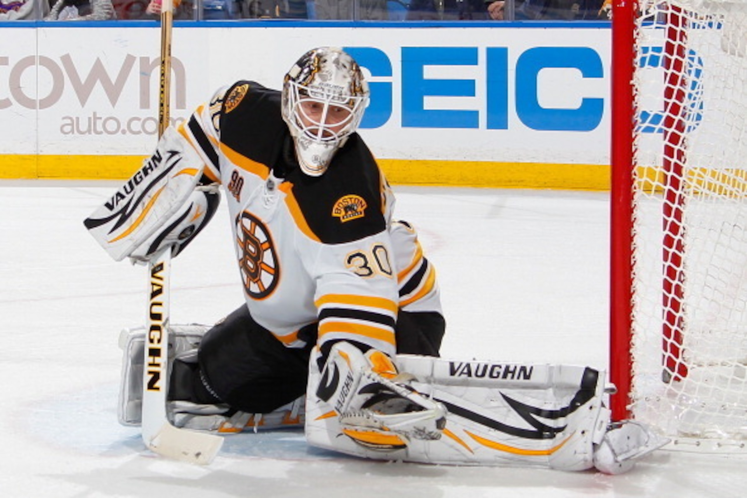 BUFFALO, NY - OCTOBER 23:  Chad Johnson #30 of the Boston Bruins makes a third period save against the Buffalo Sabres on October 23, 2013 at the First Niagara Center in Buffalo, New York. Boston won, 5-2. (Photo by Bill Wippert/NHLI via Getty Images)