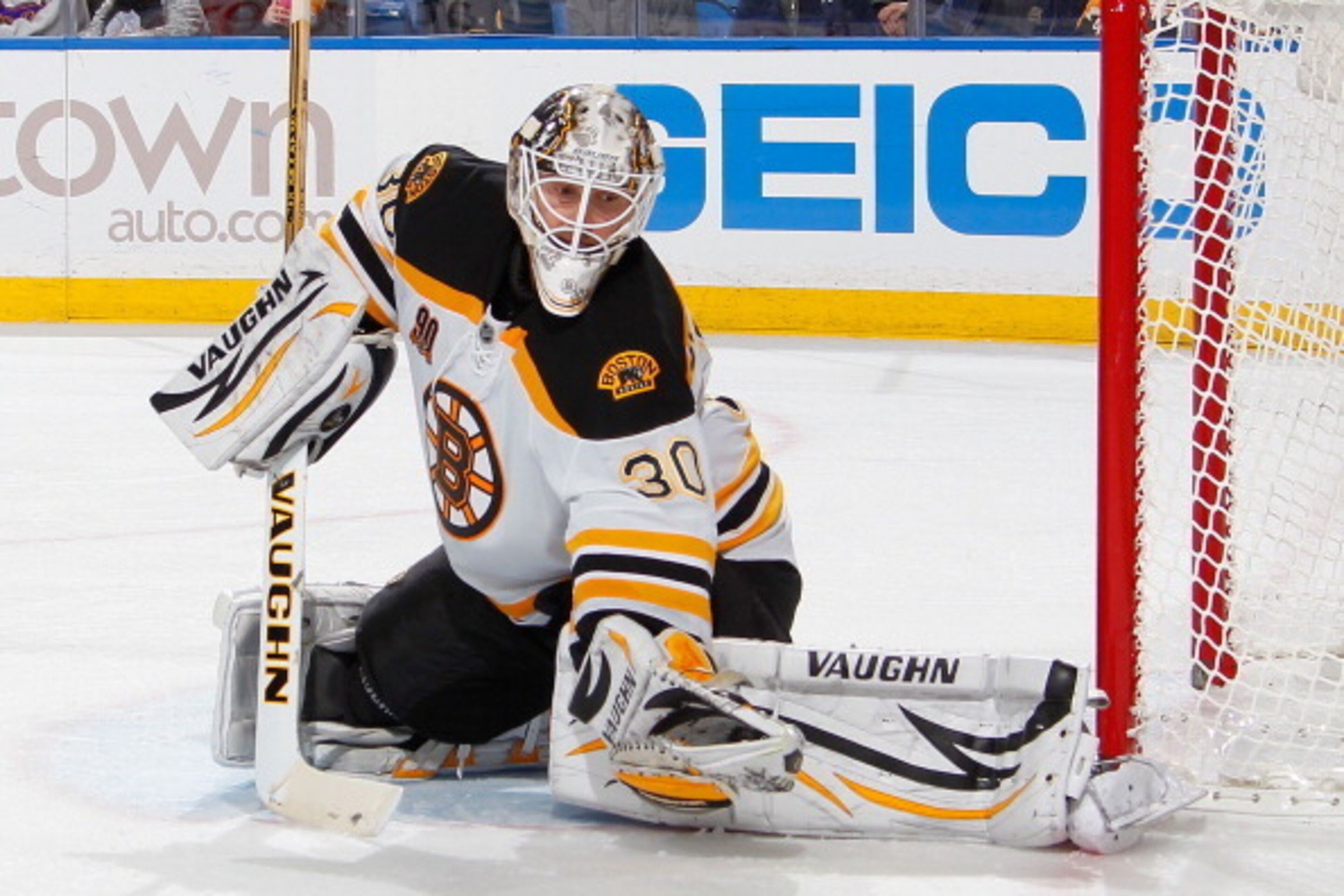BUFFALO, NY - OCTOBER 23:  Chad Johnson #30 of the Boston Bruins makes a third period save against the Buffalo Sabres on October 23, 2013 at the First Niagara Center in Buffalo, New York. Boston won, 5-2. (Photo by Bill Wippert/NHLI via Getty Images)