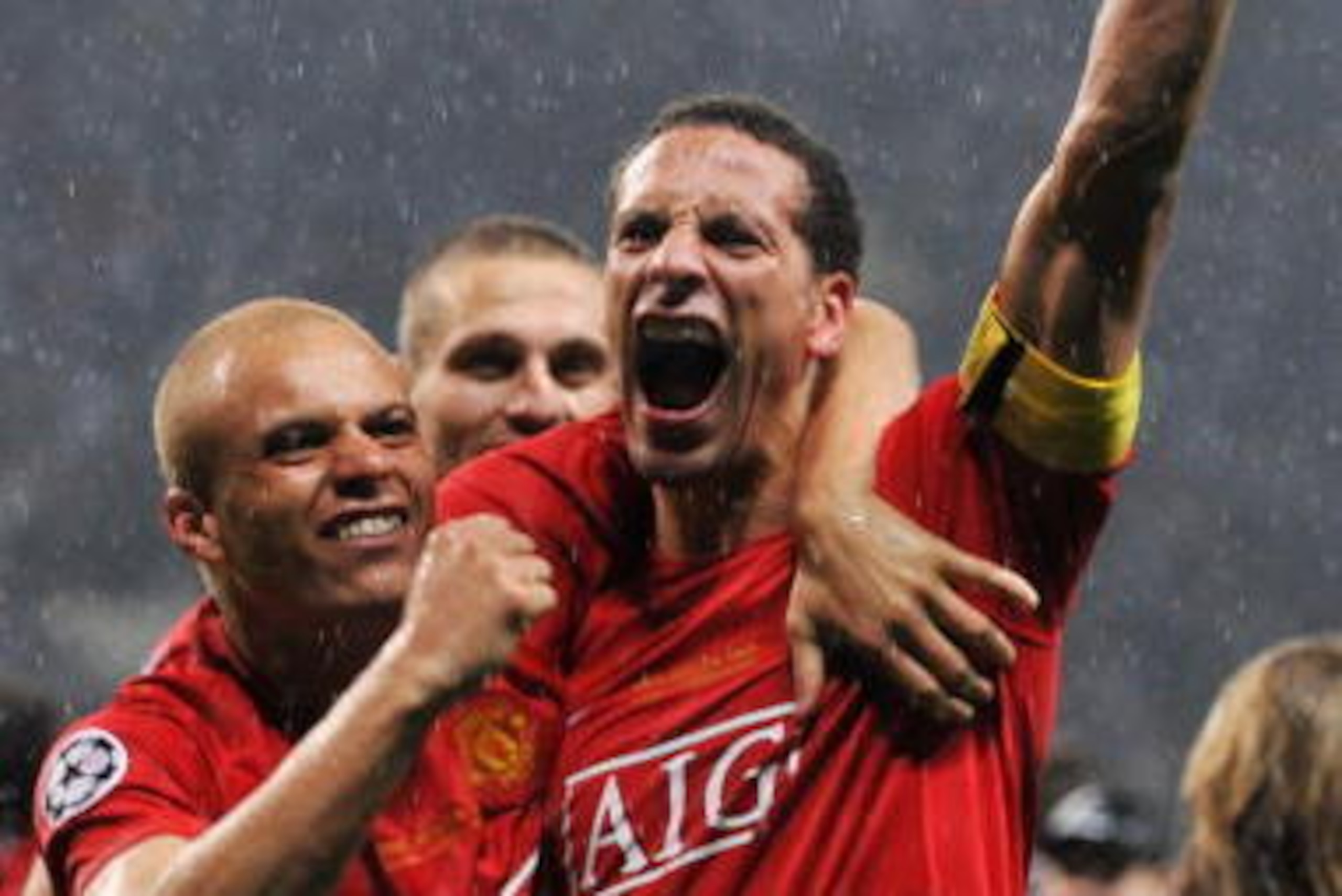 MOSCOW - MAY 21:  Wes Brown and Rio Ferdinand of Manchester United celebrate victory following the UEFA Champions League Final match between Manchester United and Chelsea at the Luzhniki Stadium on May 21, 2008 in Moscow, Russia.  (Photo by Shaun Botteril