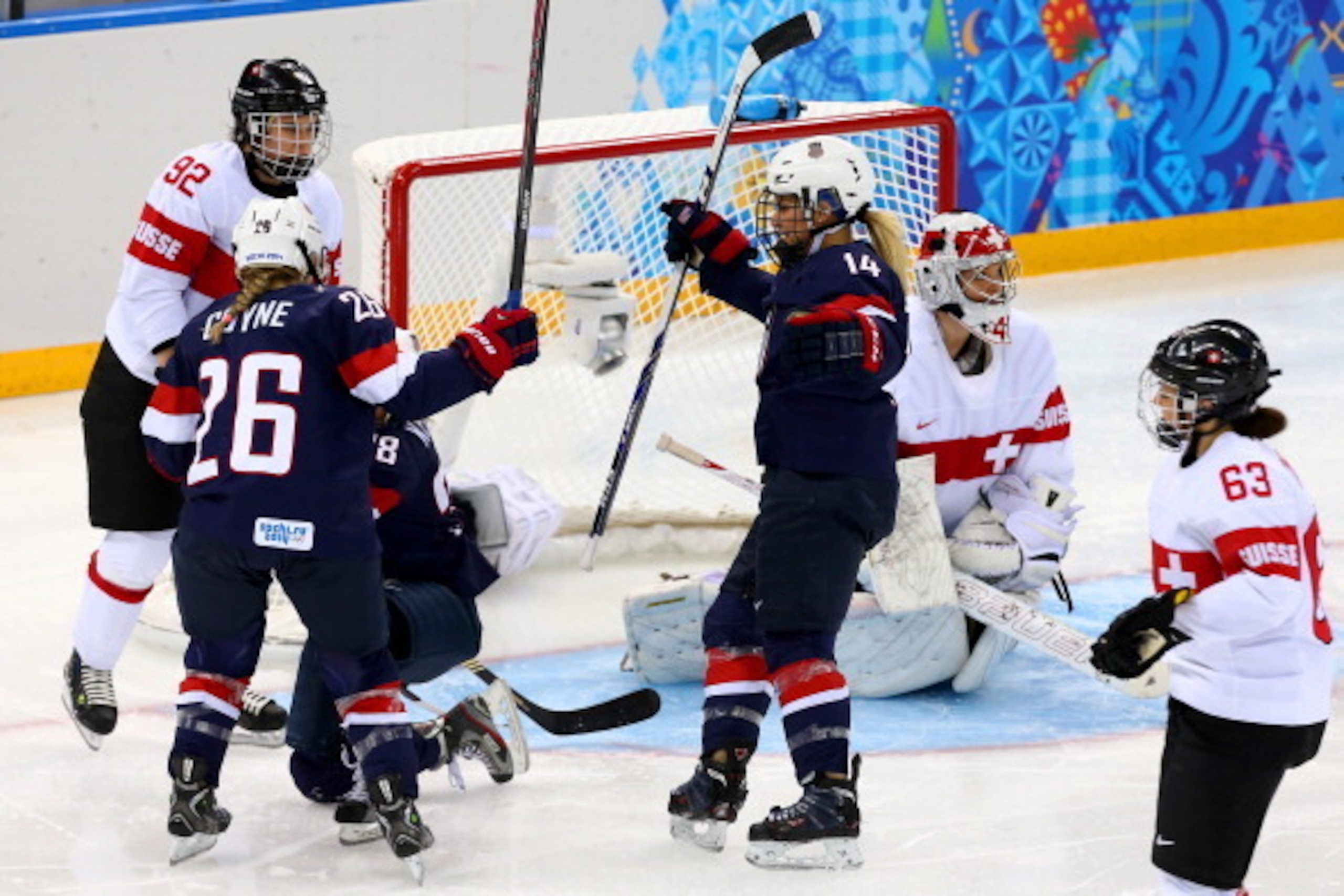 SOCHI, RUSSIA - FEBRUARY 10:  Amanda Kessel #28 of United States celebrates after scoring her team's eigth goal during the Women's Ice Hockey Preliminary Round Group A game on day three of the Sochi 2014 Winter Olympics at Shayba Arena on February 10, 201