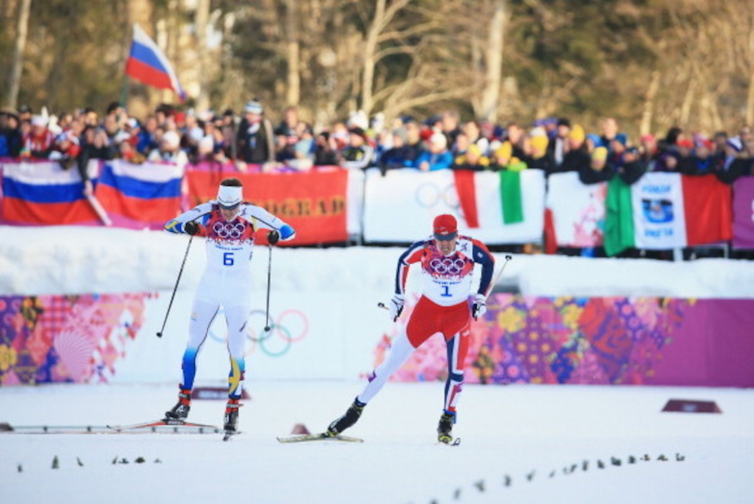SOCHI, RUSSIA - FEBRUARY 11: Teodor Peterson of Sweden (L) and Ola Vigen Hattestad of Norway compete in Finals of the Men's Sprint Free during day four of the Sochi 2014 Winter Olympics at Laura Cross-country Ski & Biathlon Center on February 11, 2014 in 