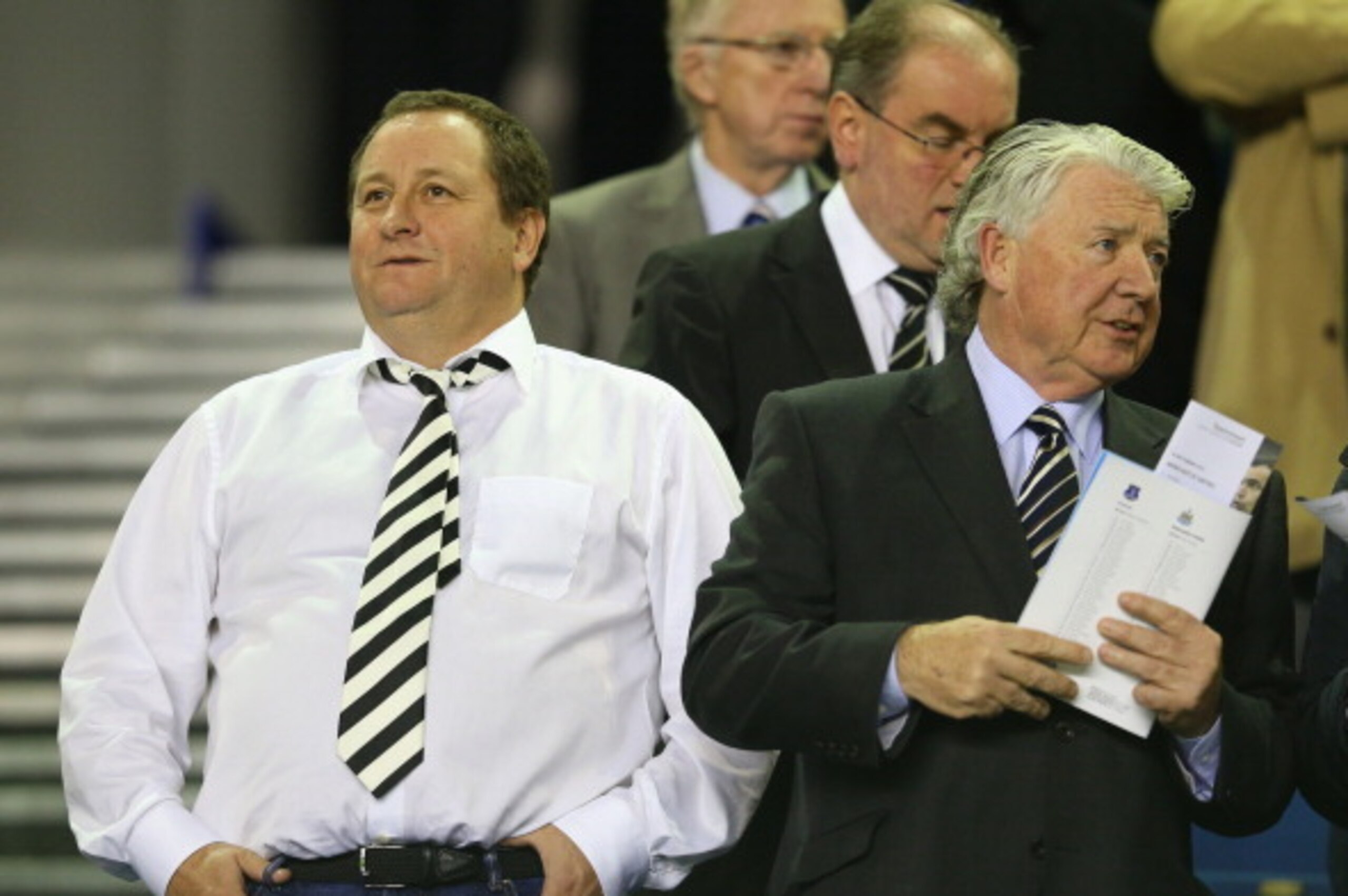 LIVERPOOL, ENGLAND - SEPTEMBER 30:  Newcastle United owner Mike Ashley (L) with Director of Football Joe Kinnear before the Barclays Premier League match between Everton and Newcastle United at Goodison Park on September 30, 2013 in Liverpool, England.  (