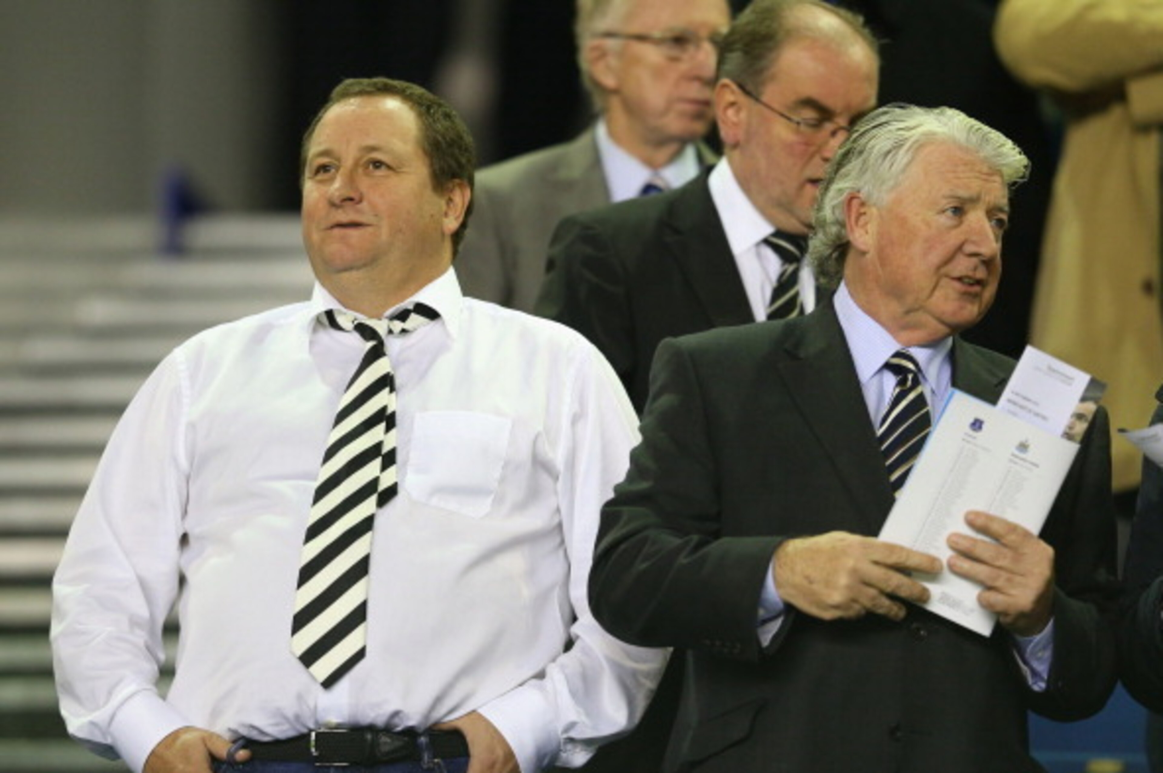 LIVERPOOL, ENGLAND - SEPTEMBER 30:  Newcastle United owner Mike Ashley (L) with Director of Football Joe Kinnear before the Barclays Premier League match between Everton and Newcastle United at Goodison Park on September 30, 2013 in Liverpool, England.  (