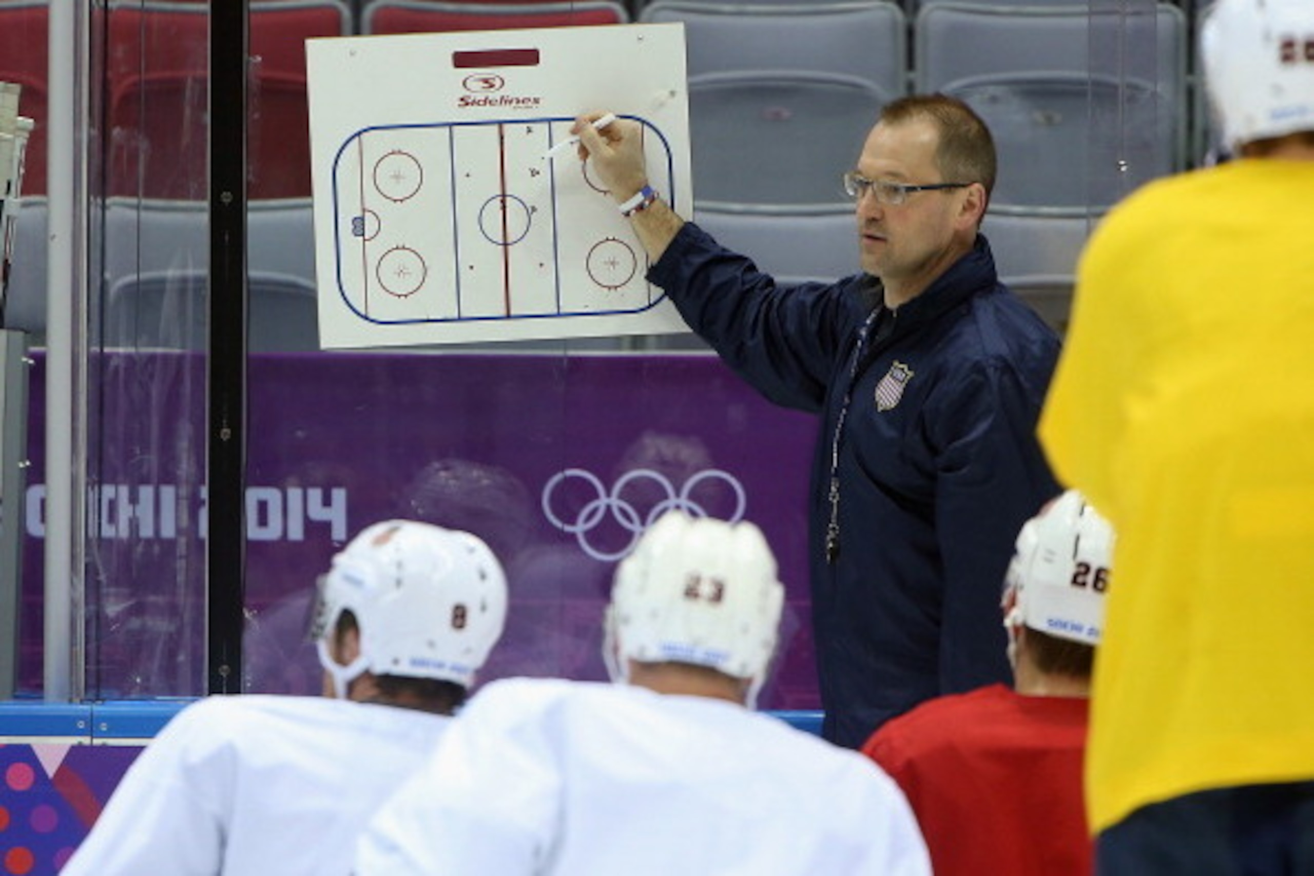 SOCHI, RUSSIA - FEBRUARY 10:  Head coach of Team USA Dan Bylsma conducts practice on day three of the Sochi 2014 Winter Olympics at Bolshoy Arena on February 10, 2014 in Sochi, Russia.  (Photo by Bruce Bennett/Getty Images)