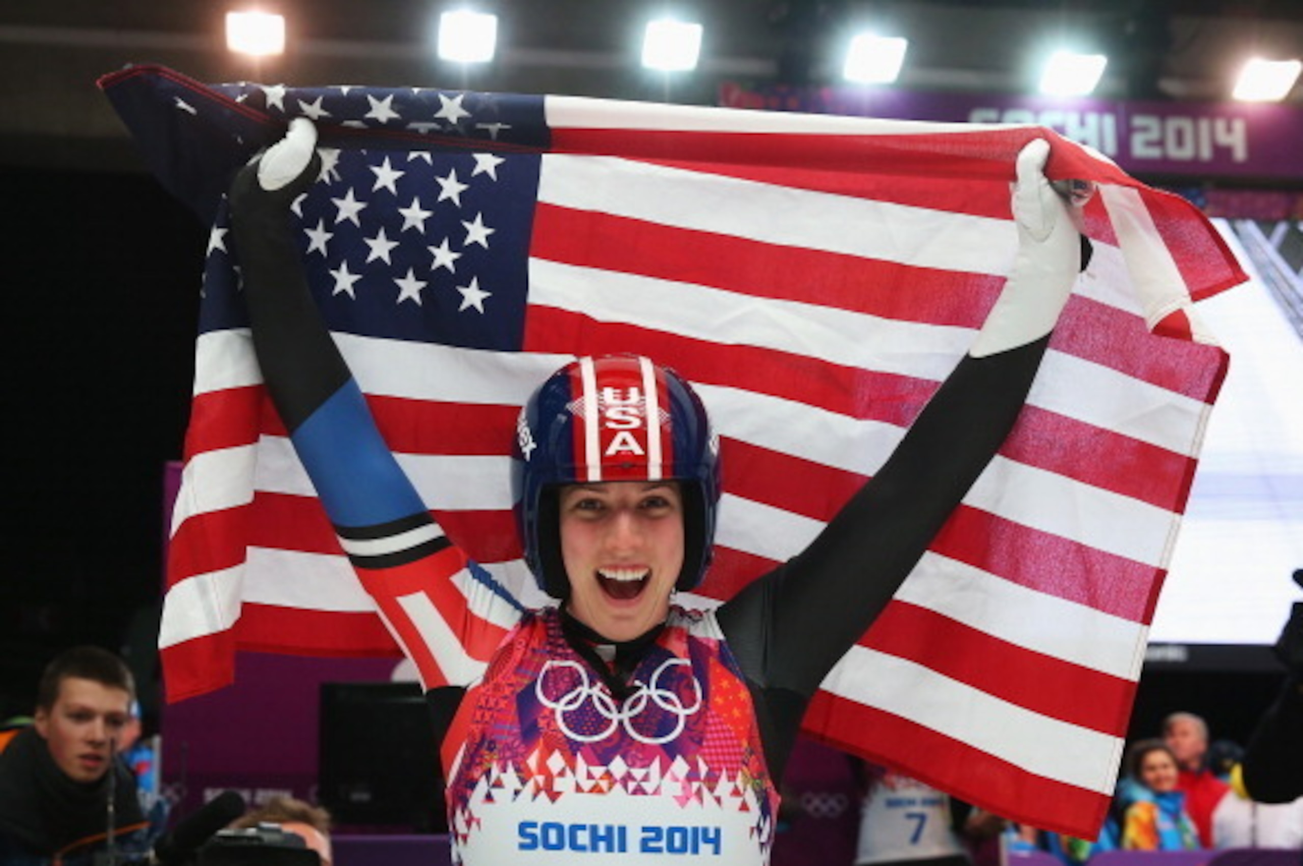 SOCHI, RUSSIA - FEBRUARY 11: Erin Hamlin of the United States celebrates winning bronze medal in the Women's Luge Singles on Day 4 of the Sochi 2014 Winter Olympics at Sliding Center Sanki on February 11, 2014 in Sochi, Russia.  (Photo by Alexander Hassen