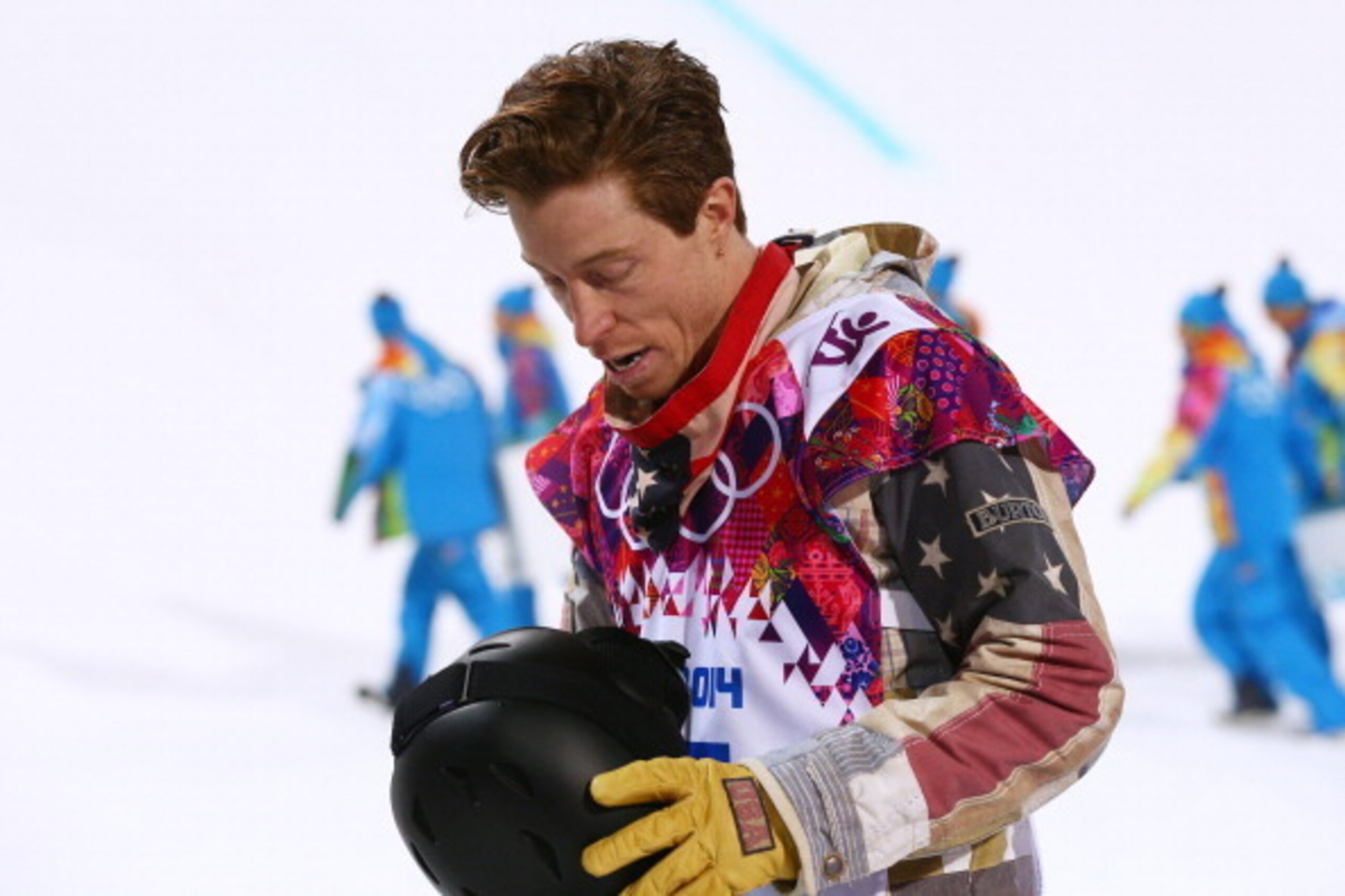 SOCHI, RUSSIA - FEBRUARY 11:  Shaun White of the United States reacts after competing in the Snowboard Men's Halfpipe Finals on day four of the Sochi 2014 Winter Olympics at Rosa Khutor Extreme Park on February 11, 2014 in Sochi, Russia.  (Photo by Camero