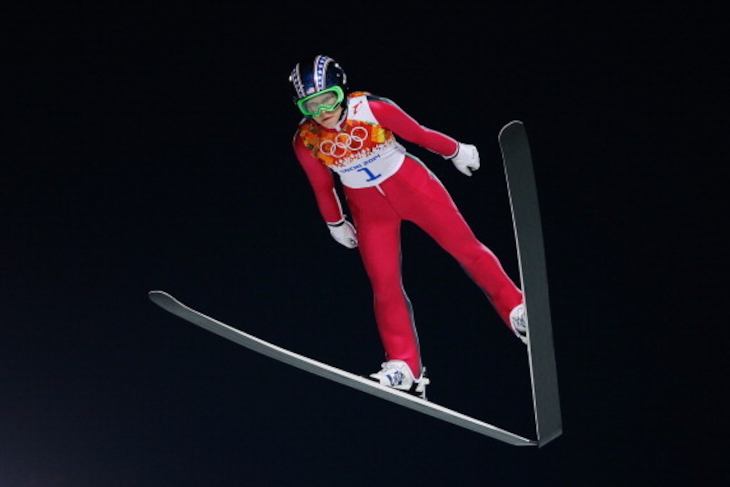 SOCHI, RUSSIA - FEBRUARY 11: Sarah Hendrickson of the United States jumps during the Ladies' Normal Hill Individual first round on day 4 of the Sochi 2014 Winter Olympics at the RusSki Gorki Ski Jumping Center on February 11, 2014 in Sochi, Russia. (Phot SOCHI, RUSSIA - FEBRUARY 11: Sarah Hendrickson of the United States jumps during the Ladies' Normal Hill Individual first round on day 4 of the Sochi 2014 Winter Olympics at the RusSki Gorki Ski Jumping Center on February 11, 2014 in Sochi, Russia. (Phot