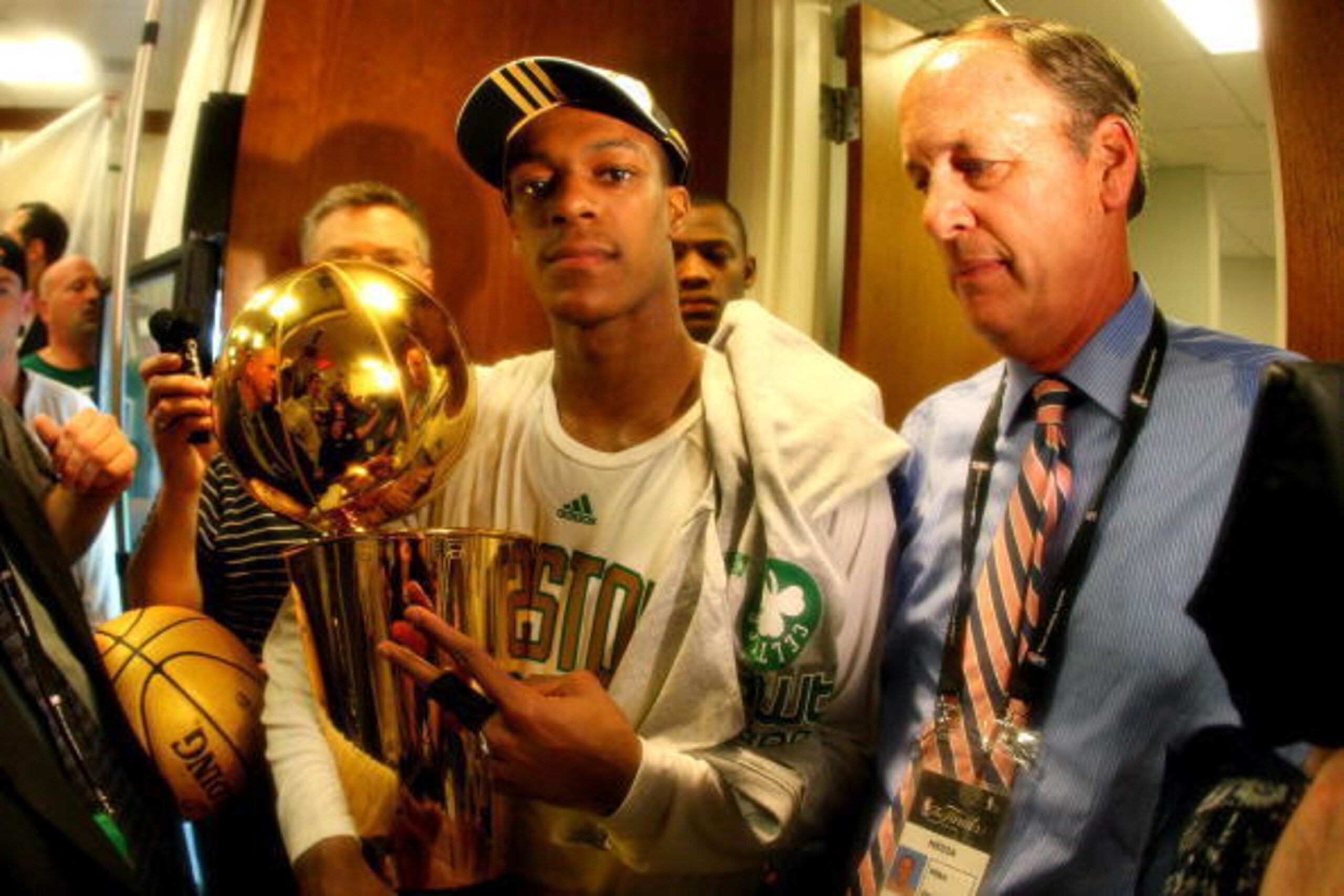 BOSTON - JUNE 17:  Rajon Rondo #9  of the Boston Celtics organization hold the Larry O'Brien championship trophy after defeating the Los Angeles Lakers 131-92 in Game Six of the 2008 NBA Finals on June 17, 2008 at the TD Banknorth Garden in Boston, Massac