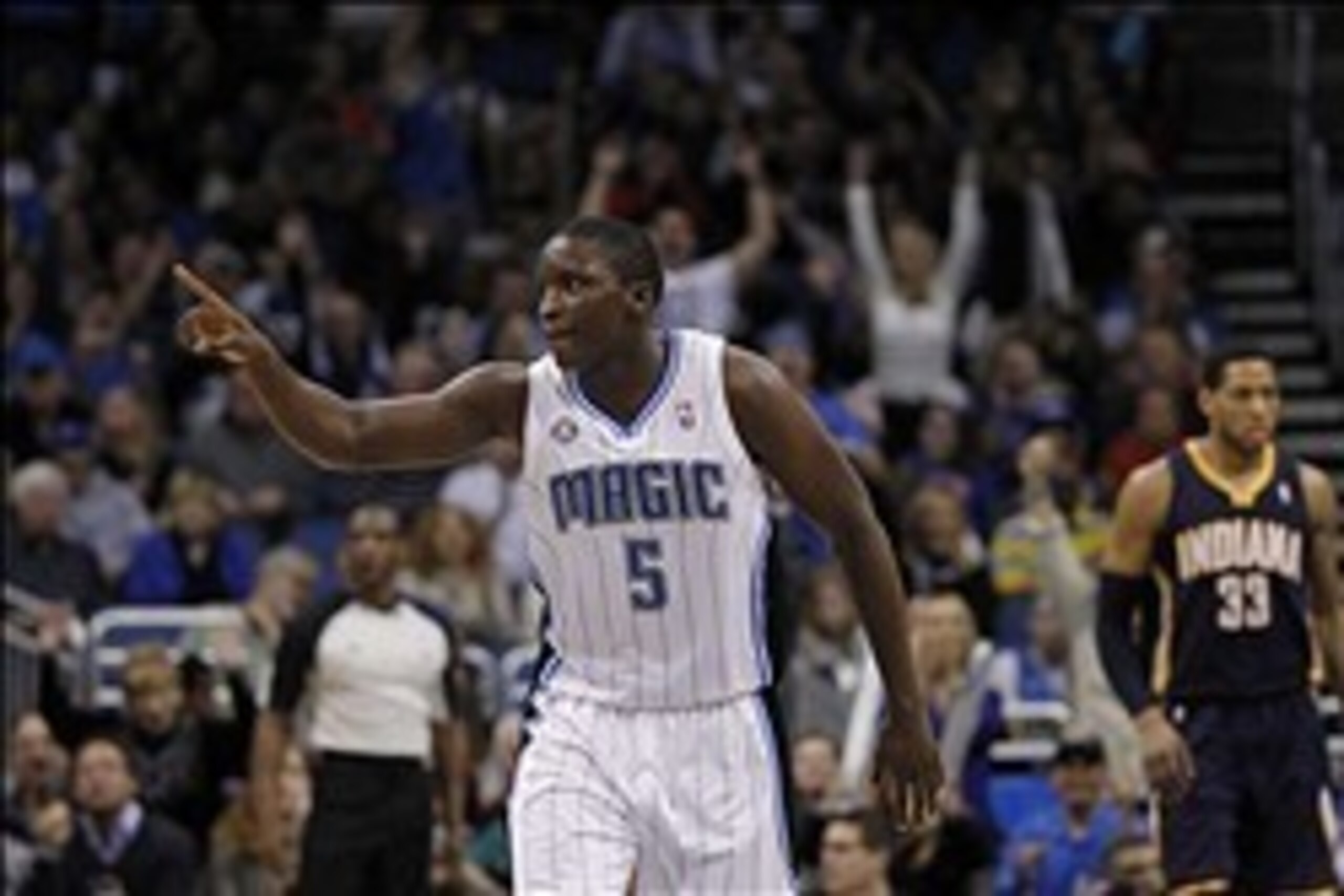 Feb 9, 2014; Orlando, FL, USA; Orlando Magic shooting guard Victor Oladipo (5) reacts after he shoots a three pointer against the Indiana Pacers during the second half at Amway Center. Orlando Magic defeated the Indiana Pacers 93-92. Mandatory Credit: Kim