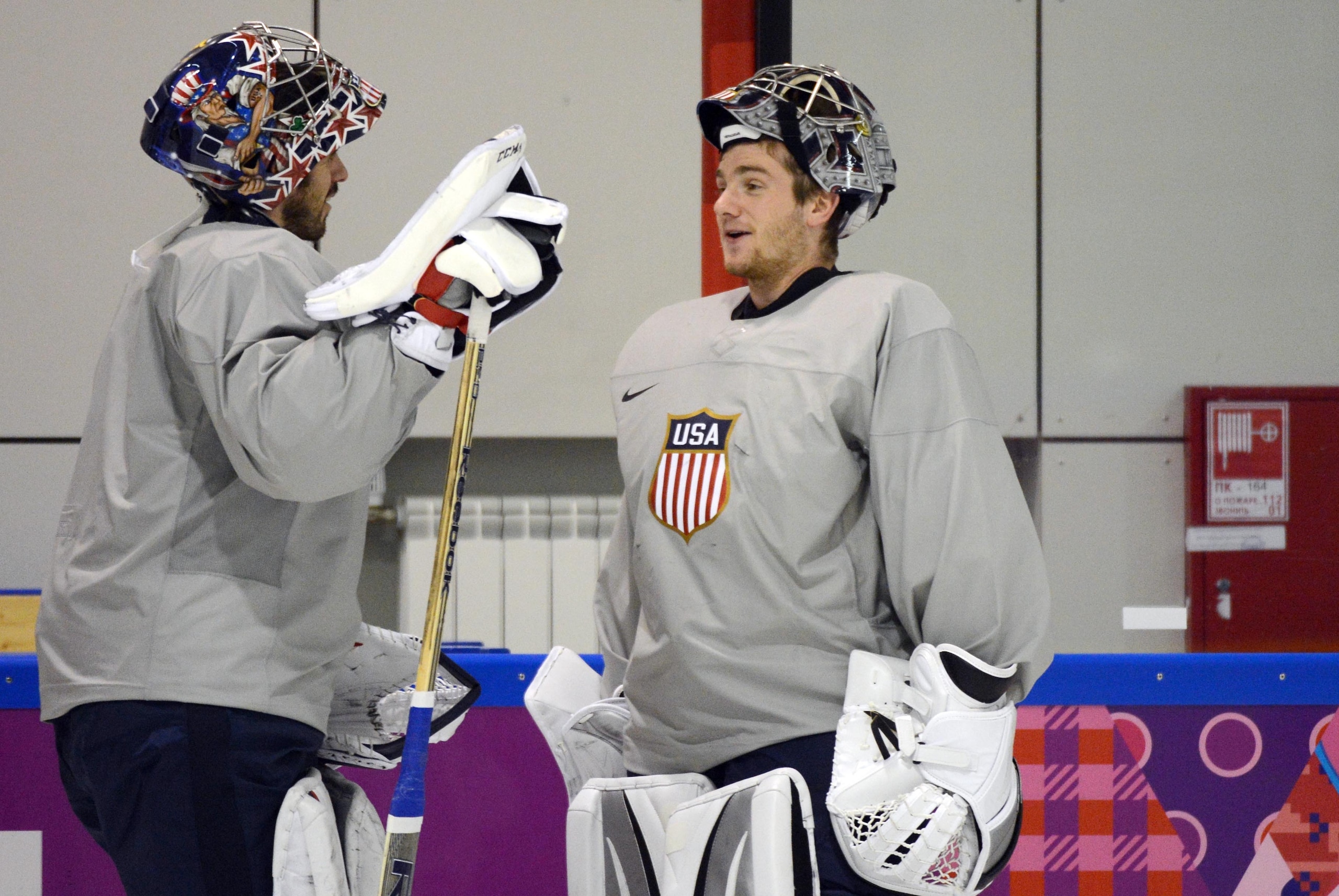 Feb 11, 2014; Sochi, RUSSIA; USA goalie Ryan Miller (left) with Jonathan Quick (right) during an ice hockey training session for the Sochi 2014 Olympic Winter Games at Bolshoy Training Rink. Mandatory Credit: Jayne Kamin-Oncea-USA TODAY Sports