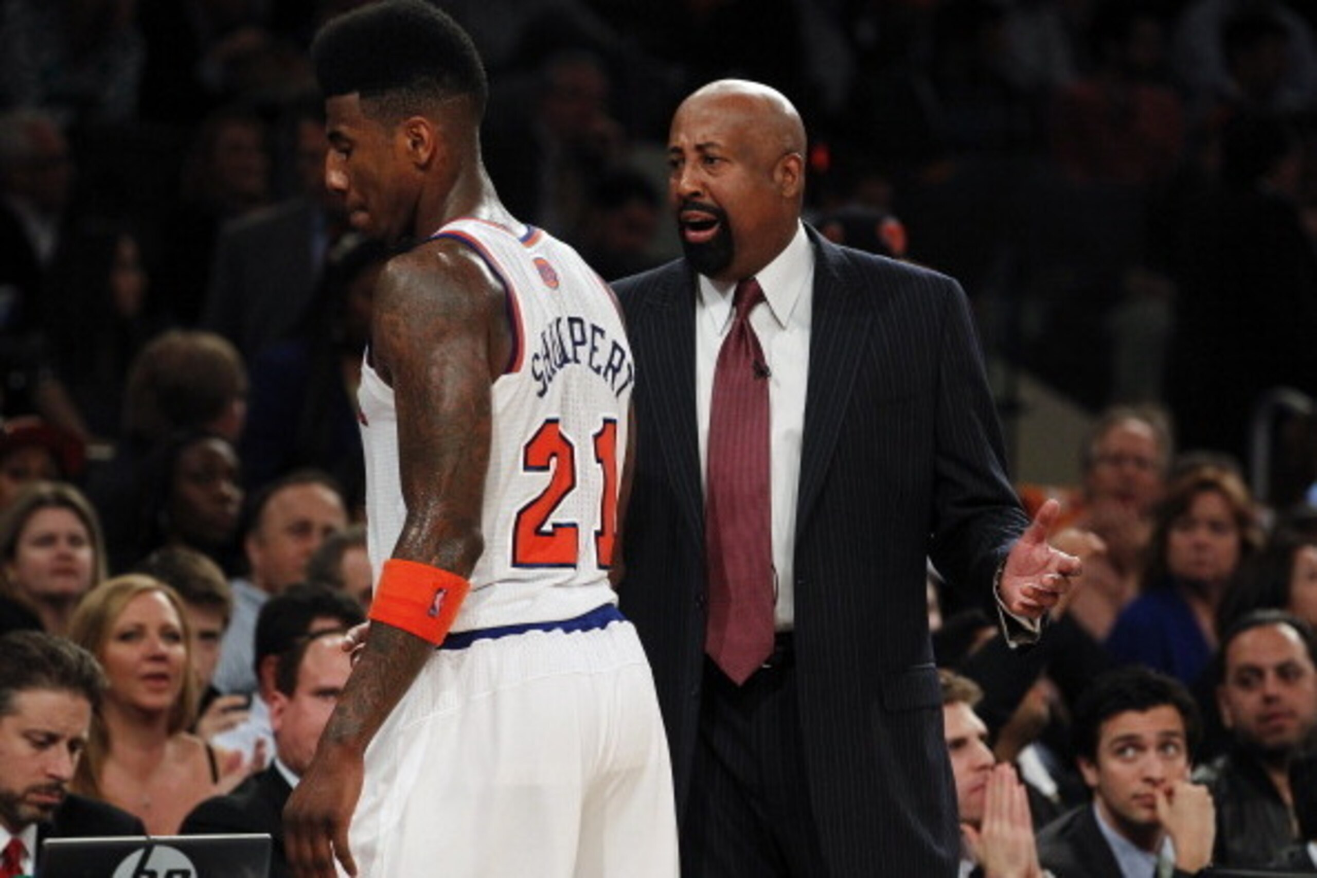 NEW YORK, NY - MAY 7:   Head coach Mike Woodson talks to Iman Shumpert #21 of the New York Knicks during Game Two of the Eastern Conference Semifinals of the 2013 NBA Playoffs against the Indiana Pacers at Madison Square Garden on May 7, 2013 in New York 
