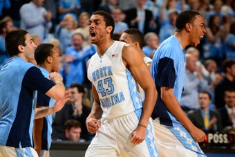 Feb 4, 2014; Chapel Hill, NC, USA; North Carolina Tar Heels forward James Michael McAdoo (43) reacts in the first half at Dean E. Smith Student Activities Center. Mandatory Credit: Bob Donnan-USA TODAY Sports
