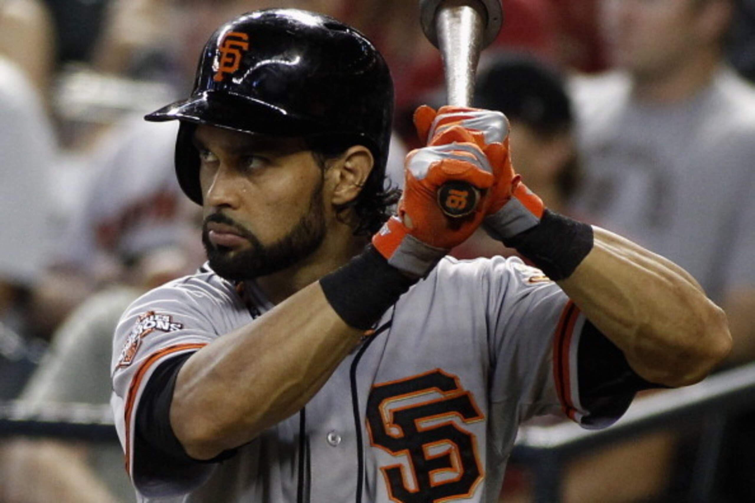 PHOENIX, AZ - AUGUST 31: Angel Pagan #16 of the San Francisco Giants prepares to bat against the Arizona Diamondbacks during the third inning of a MLB game at Chase Field on August 31, 2013 in Phoenix, Arizona. (Photo by Ralph Freso/Getty Images)