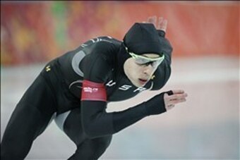Feb 10, 2014; Sochi, RUSSIA; Brian Hansen of the USA during the men's speed skating 500m race during the Sochi 2014 Olympic Winter Games at Adler Arena Skating Center. Mandatory Credit: Jeff Swinger-USA TODAY Sports