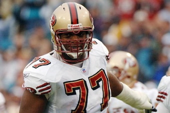 San Francisco 49ers  tackle Kwame Harris lines up  against the Jacksonville Jaguars December 18, 2005 in Jacksonville.  The Jaguars defeated the 49ers 10 - 9.  (Photo by Al Messerschmidt/Getty Images)