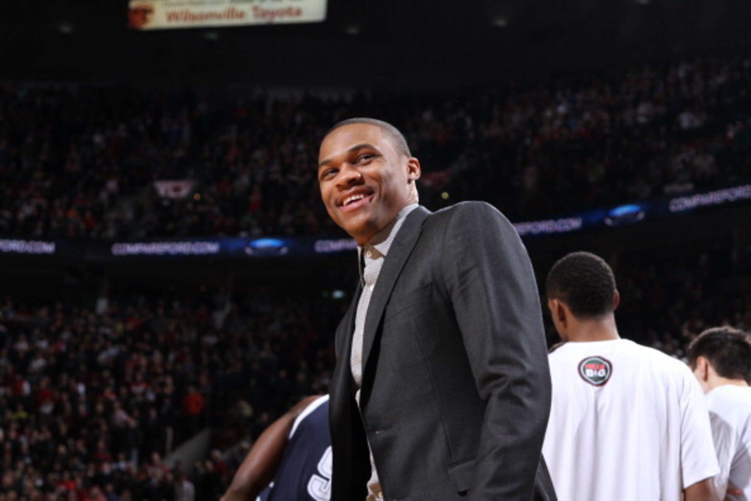PORTLAND, OR - FEBRUARY 11: Russell Westbrook #0 of the Oklahoma City Thunder smiles during the game against the Portland Trail Blazers on February 11, 2014 at the Moda Center Arena in Portland, Oregon. NOTE TO USER: User expressly acknowledges and agrees