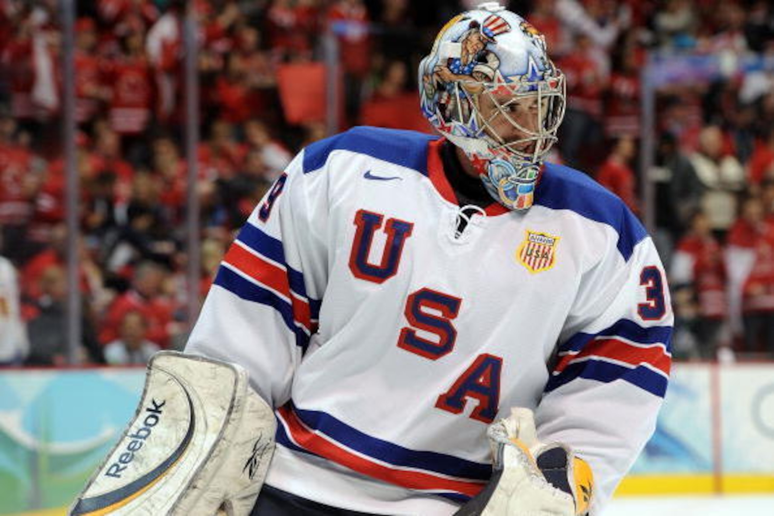 VANCOUVER, BC - FEBRUARY 21:  Goalie Ryan Miller of the United States looks on during warm ups against the ice hockey men's preliminary game between Canada and USA on day 10 of the Vancouver 2010 Winter Olympics at Canada Hockey Place on February 21, 2010