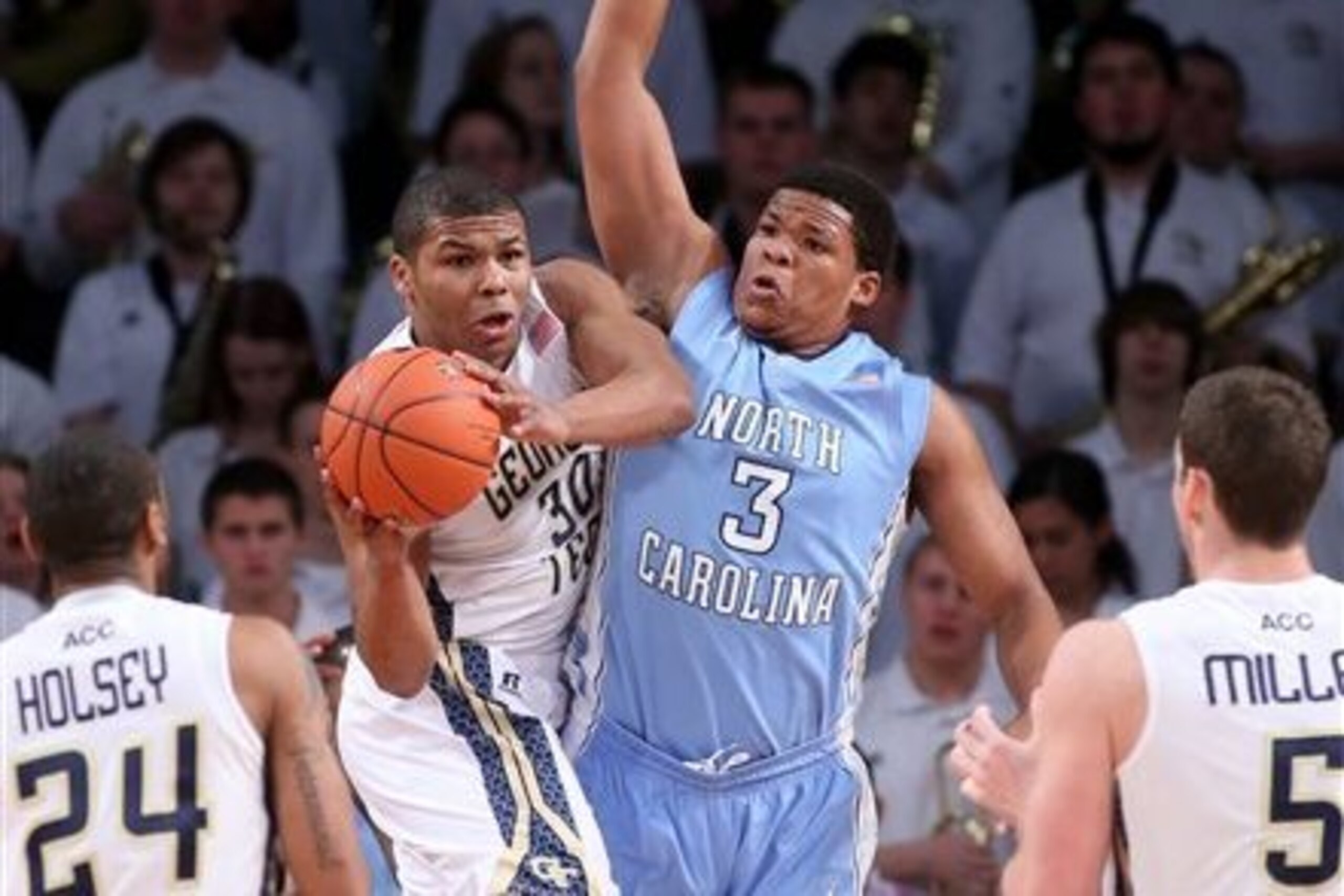 Meeks is a hard man to drive around, as Georgia Tech's Corey Hayward discovered here.