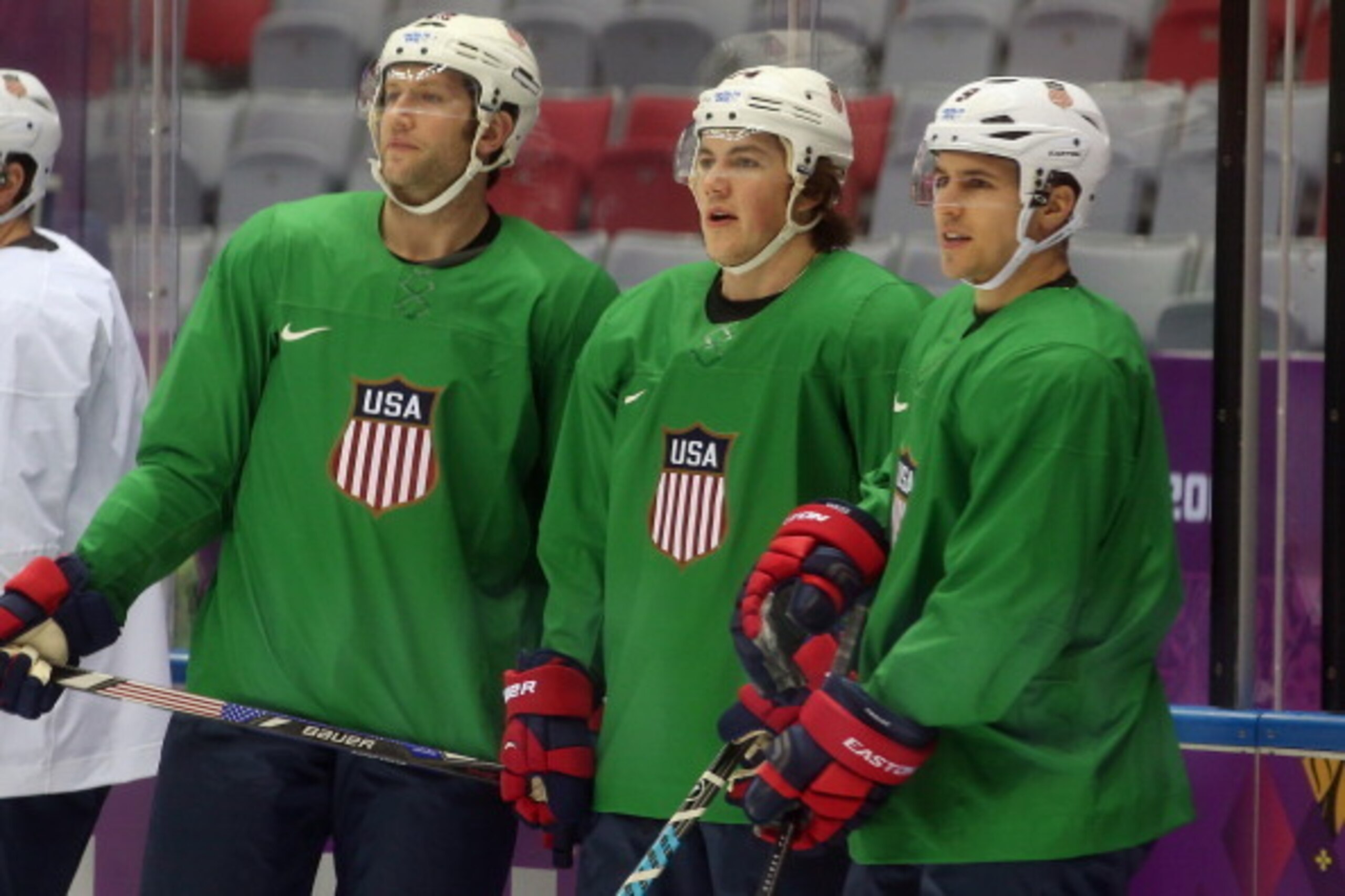SOCHI, RUSSIA - FEBRUARY 10: (L-R) David Backes #42, T.J. Oshie #74 and Zach Parise #9 of Team USA practice on day three of the Sochi 2014 Winter Olympics at Bolshoy Arena on February 10, 2014 in Sochi, Russia.  (Photo by Bruce Bennett/Getty Images)