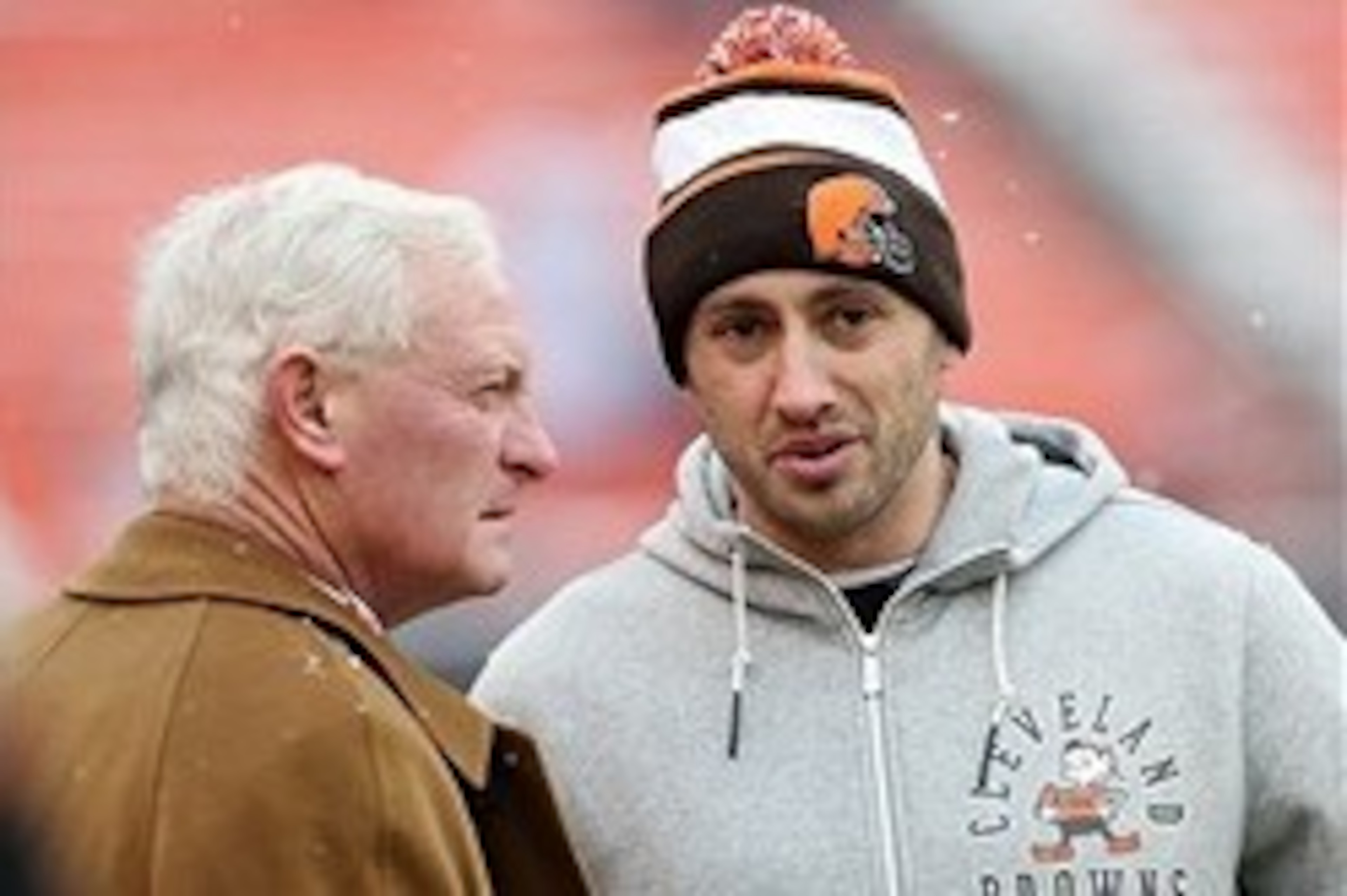 Dec 15, 2013; Cleveland, OH, USA; Cleveland Browns owner Jimmy Haslam, left, talks with quarterback Brian Hoyer (6) before a game against the Chicago Bears at FirstEnergy Stadium. Mandatory Credit: Ron Schwane-USA TODAY Sports