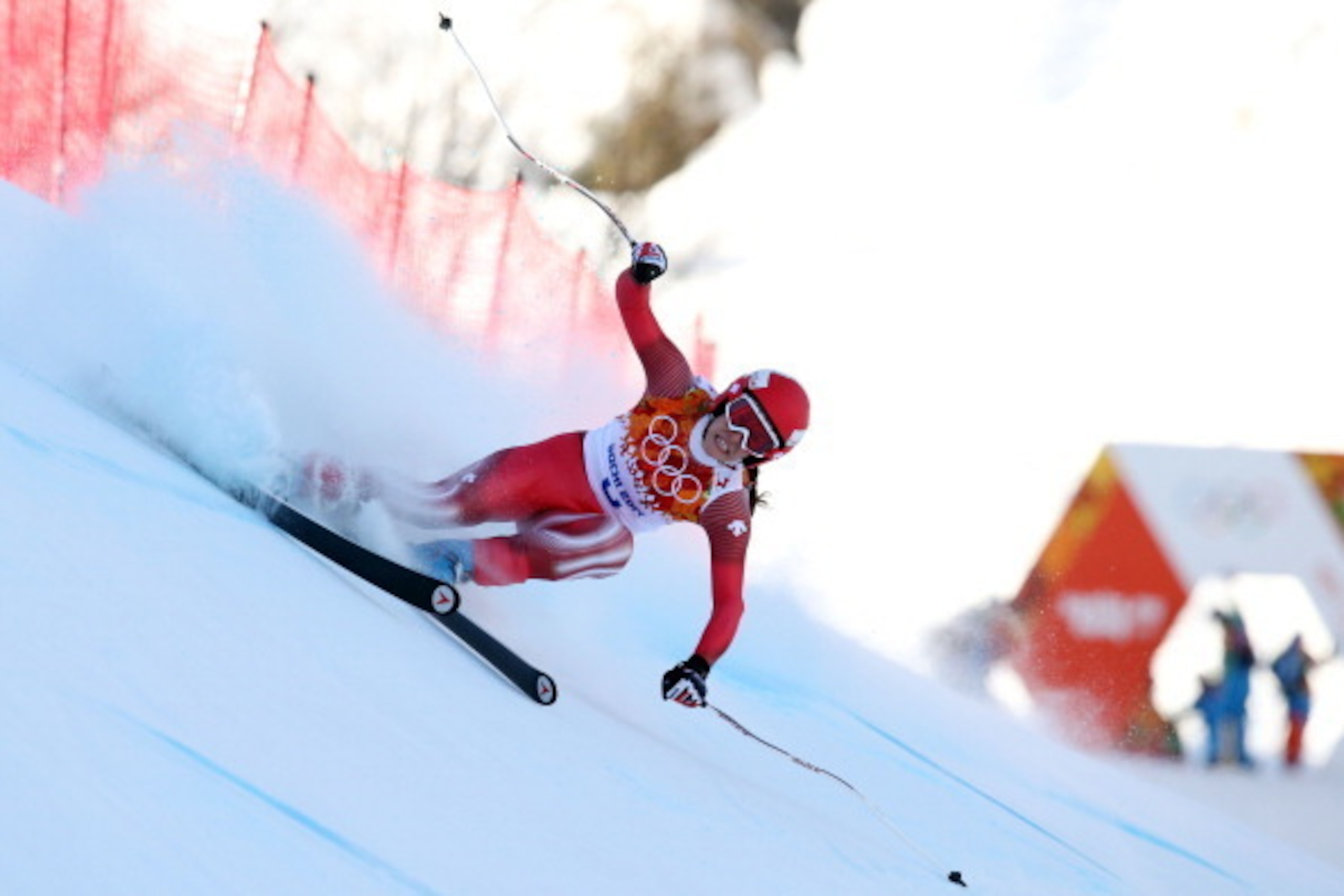 SOCHI, RUSSIA - FEBRUARY 12: (FRANCE OUT) Dominique Gisin of Switzerland wins joint gold during the Alpine Skiing Women's Downhill at the Sochi 2014 Winter Olympic Games at Rosa Khutor Alpine Centre on February 12, 2014 in Sochi, Russia. (Photo by Christo