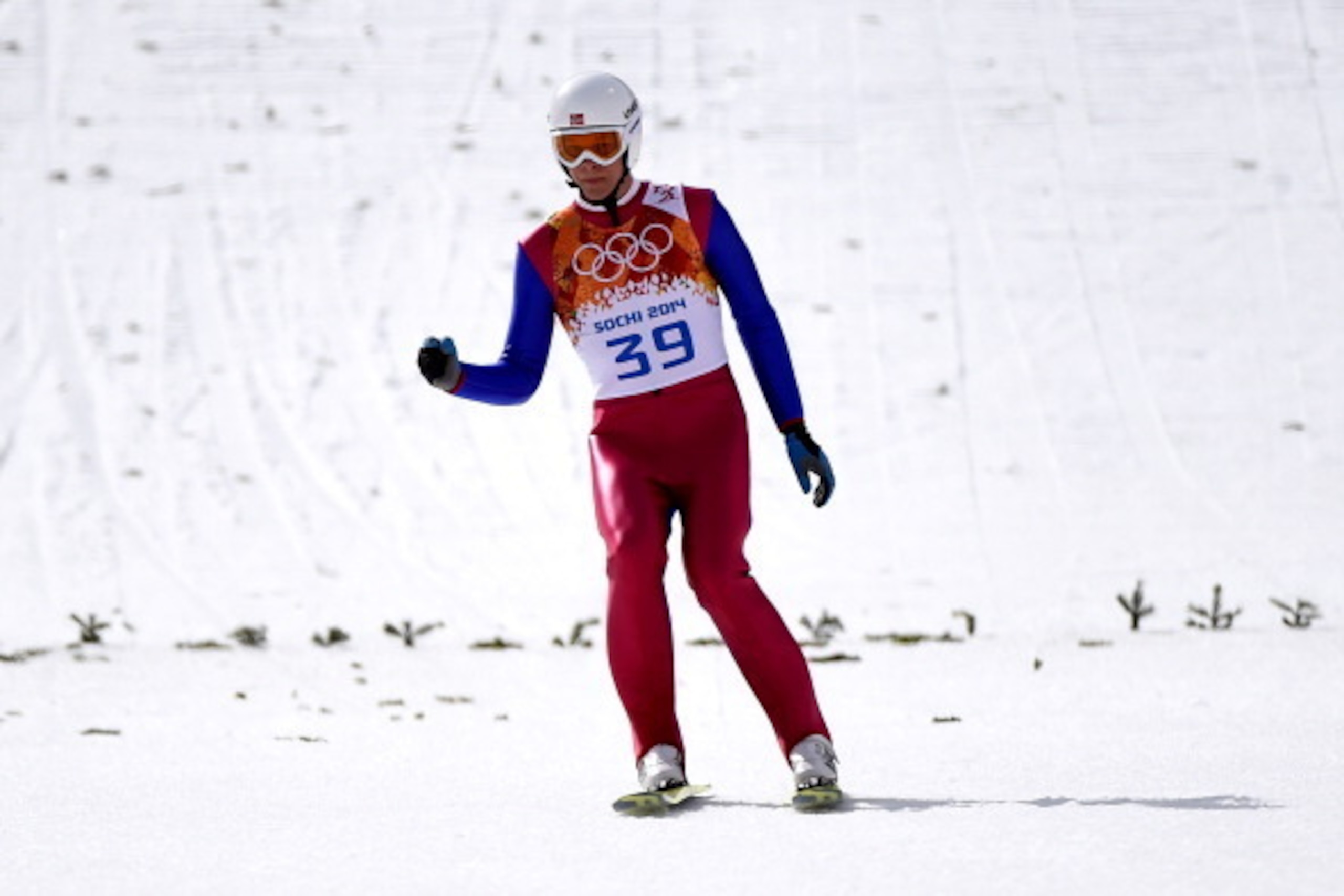 SOCHI, RUSSIA - FEBRUARY 12:  Magnus Krog of Norway reacts during the Nordic Combined Individual Gundersen Normal Hill and 10km Cross Country on day 5 of the Sochi 2014 Winter Olympics at the RusSki Gorki Ski Jumping Center on February 12, 2014 in Sochi, 