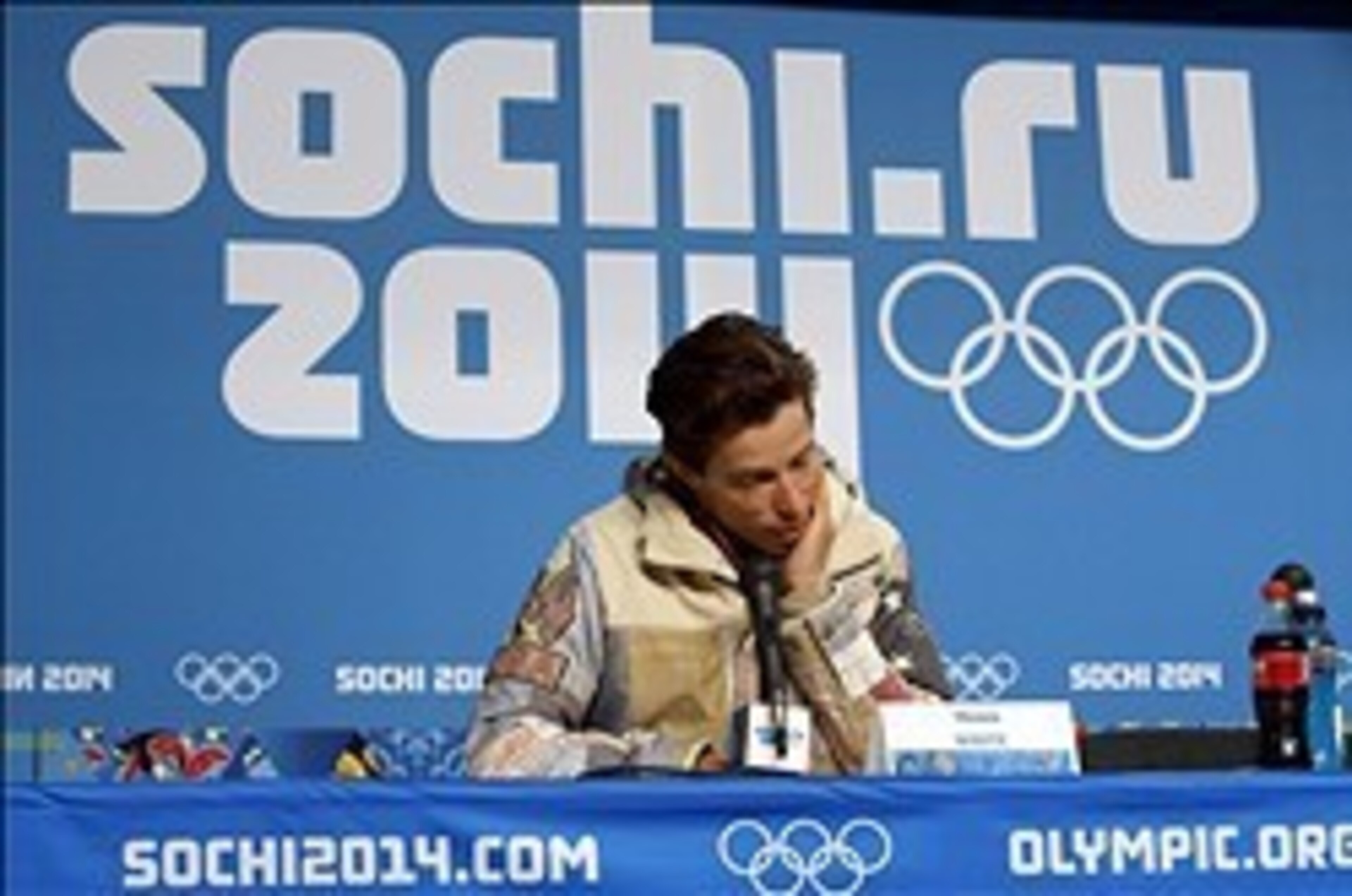 Feb 11, 2014; Krasnaya Polyana, RUSSIA; Shaun White (USA) speaks at a press conference following the men's snowboarding halfpipe finals of the Sochi 2014 Olympic Winter Games at Rosa Khutor Extreme Park.  Mandatory Credit: Nathan Bilow-USA TODAY Sports