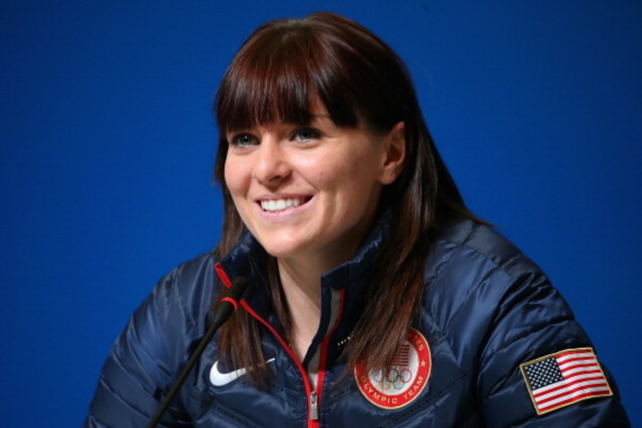 SOCHI, RUSSIA - FEBRUARY 06:  Heather Richardson of the USA speed skating team speaks at a press conference ahead of the Sochi 2014 Winter Olympics at the Main Press Center (MPC) on February 6, 2014 in Sochi, Russia.  (Photo by Quinn Rooney/Getty Images)