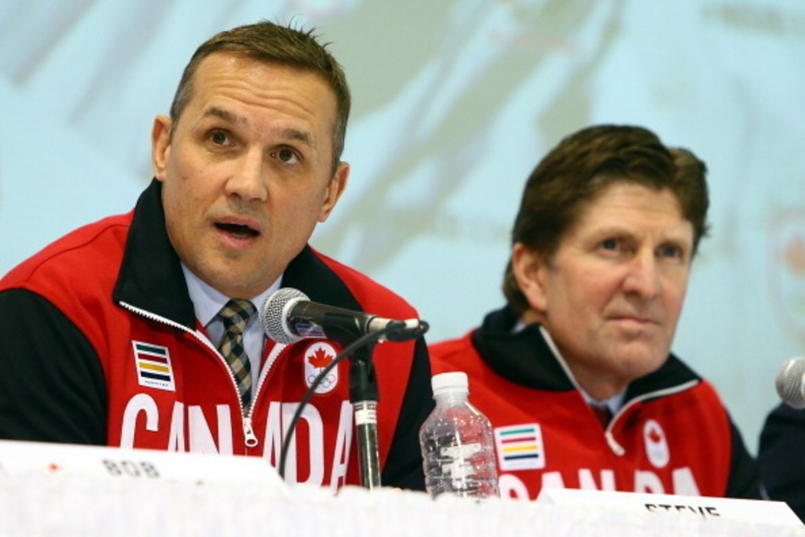 TORONTO, ON - JANUARY 7: Executive director Steve Yzerman with head coach Mike Babcock during the announcement of the Canadian Men's Olympic Hockey team at the Mastercard Centre ahead of the Sochi Winter Olympics January 7, 2014 in Toronto, Ontario, Canad
