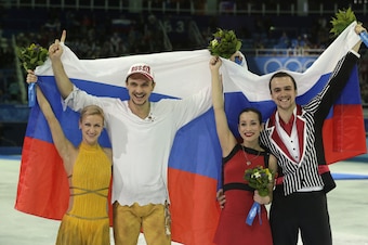 Volosozhar and Trankov, left, are joined as new Russian figure skating royalty by Ksenia Stolbova and Fedor Klimov, right.