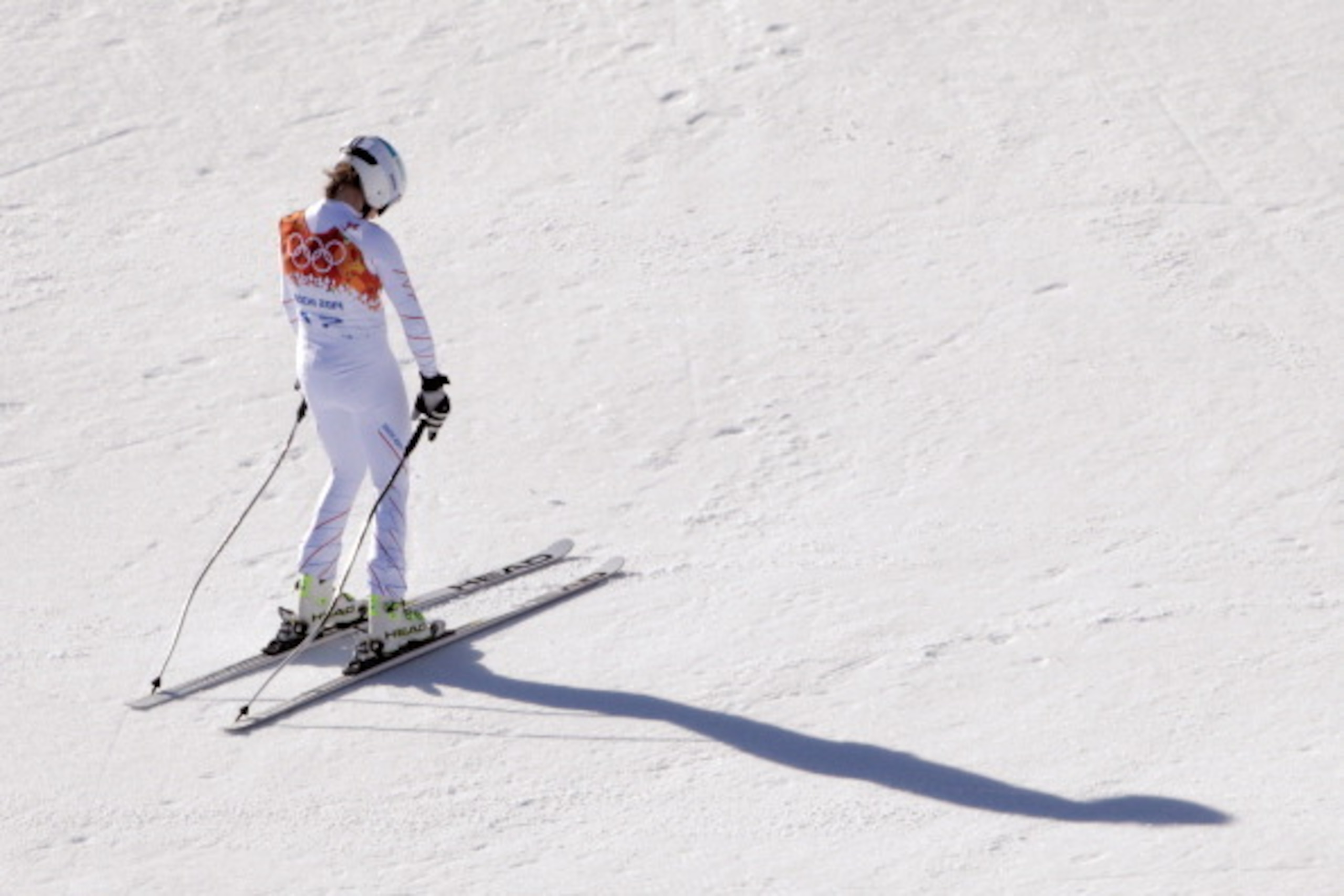 SOCHI, RUSSIA - FEBRUARY 12: Julia Mancuso of the United States finishes her run during the Alpine Skiing Women's Downhill on day 5 of the Sochi 2014 Winter Olympics at Rosa Khutor Alpine Center on February 12, 2014 in Sochi, Russia.  (Photo by Adam Prett