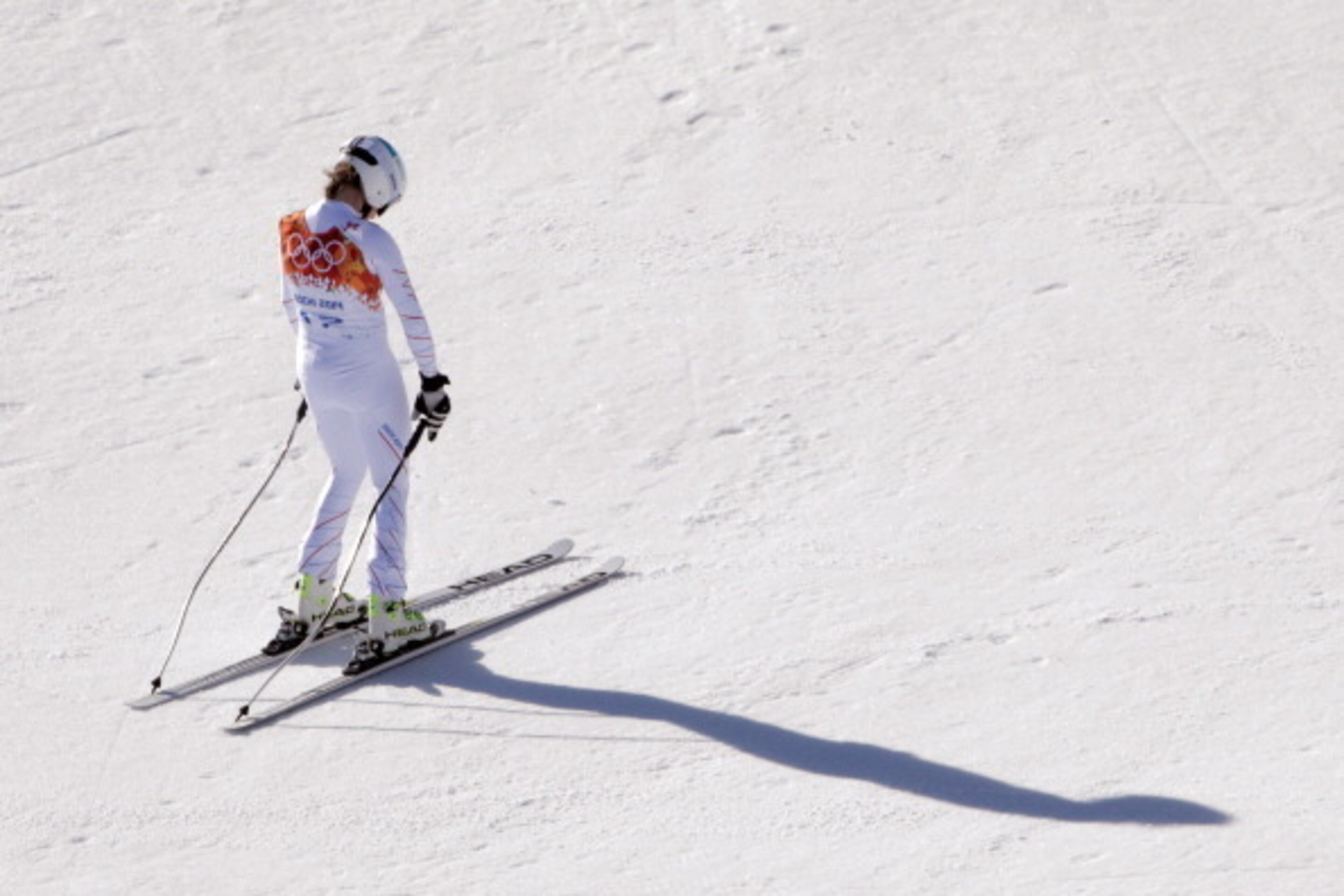 SOCHI, RUSSIA - FEBRUARY 12: Julia Mancuso of the United States finishes her run during the Alpine Skiing Women's Downhill on day 5 of the Sochi 2014 Winter Olympics at Rosa Khutor Alpine Center on February 12, 2014 in Sochi, Russia.  (Photo by Adam Prett